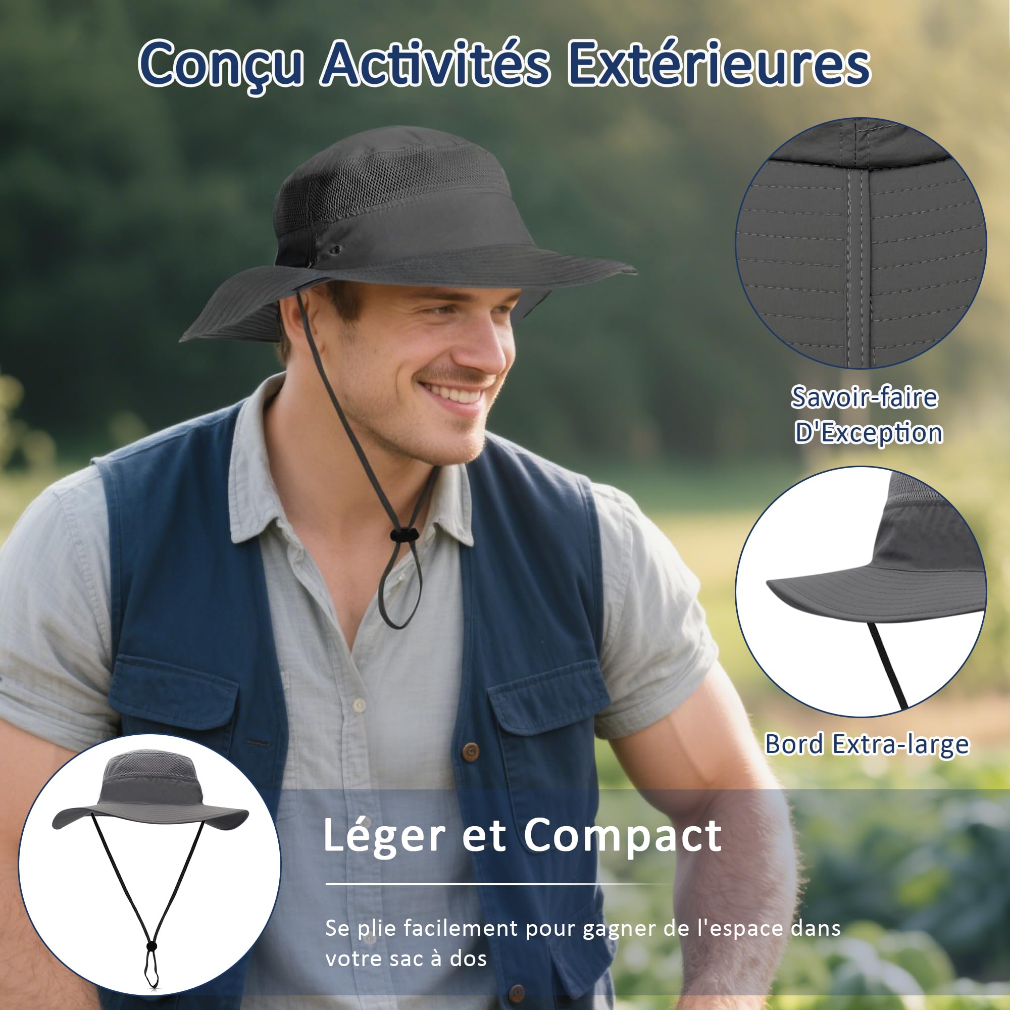 Homme Femme Chapeau Soleil Pliable UPF 50+ Anti UV Vacances Alpinisme Outdoor Étanche Chapeau de Voyage Safari Casquette Unisexe Bucket Hat Chapeau de Pêche