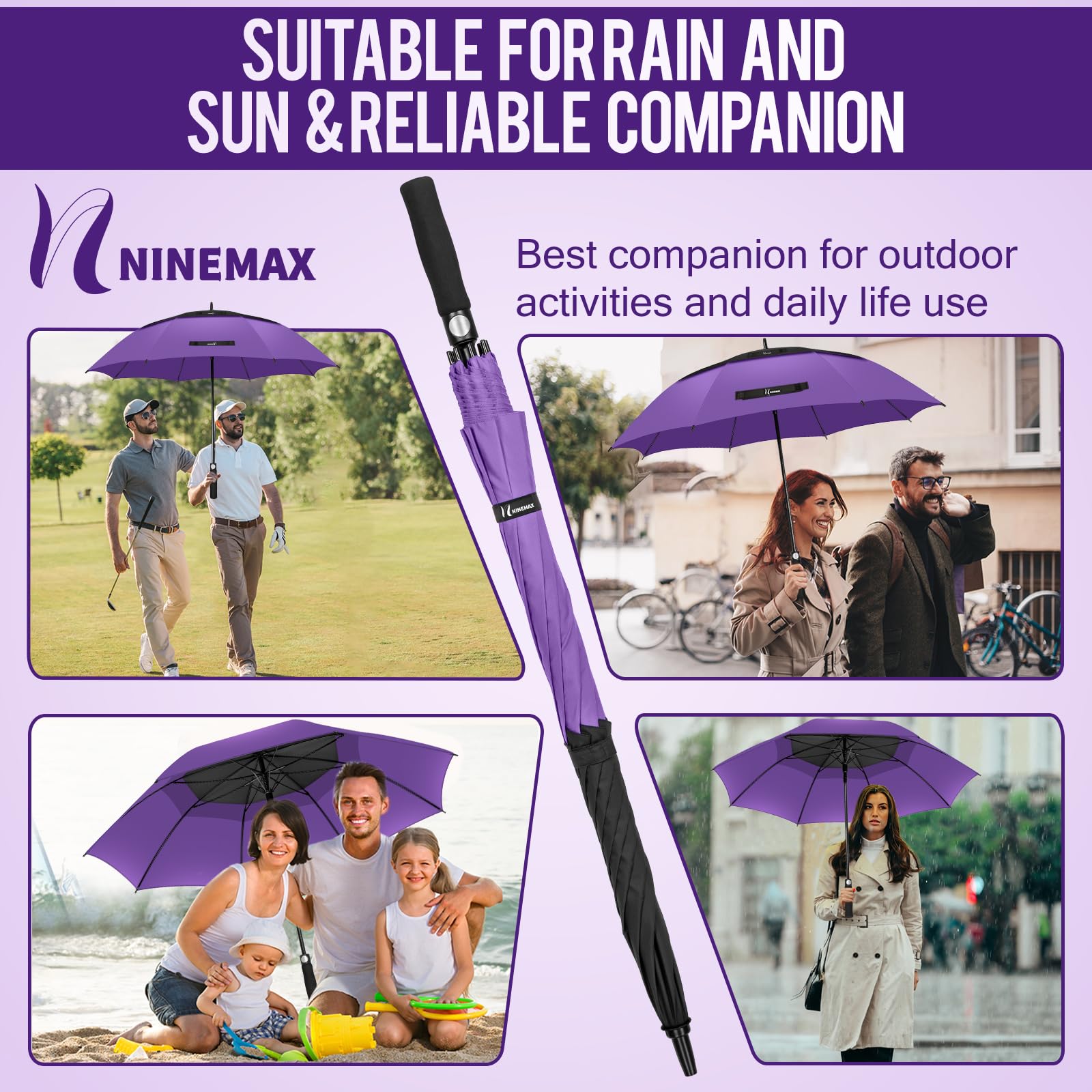 NINEMAX Parasol Golfowy z Podwójnym Baldachimem 62 inch,Bardzo Duży Parasol Golfowy,Wiatroodporny, Mocny,Automatycznie Otwierany,Wentylowany dla Mężczyzn i Kobiet(Czarny i Fioletowy)