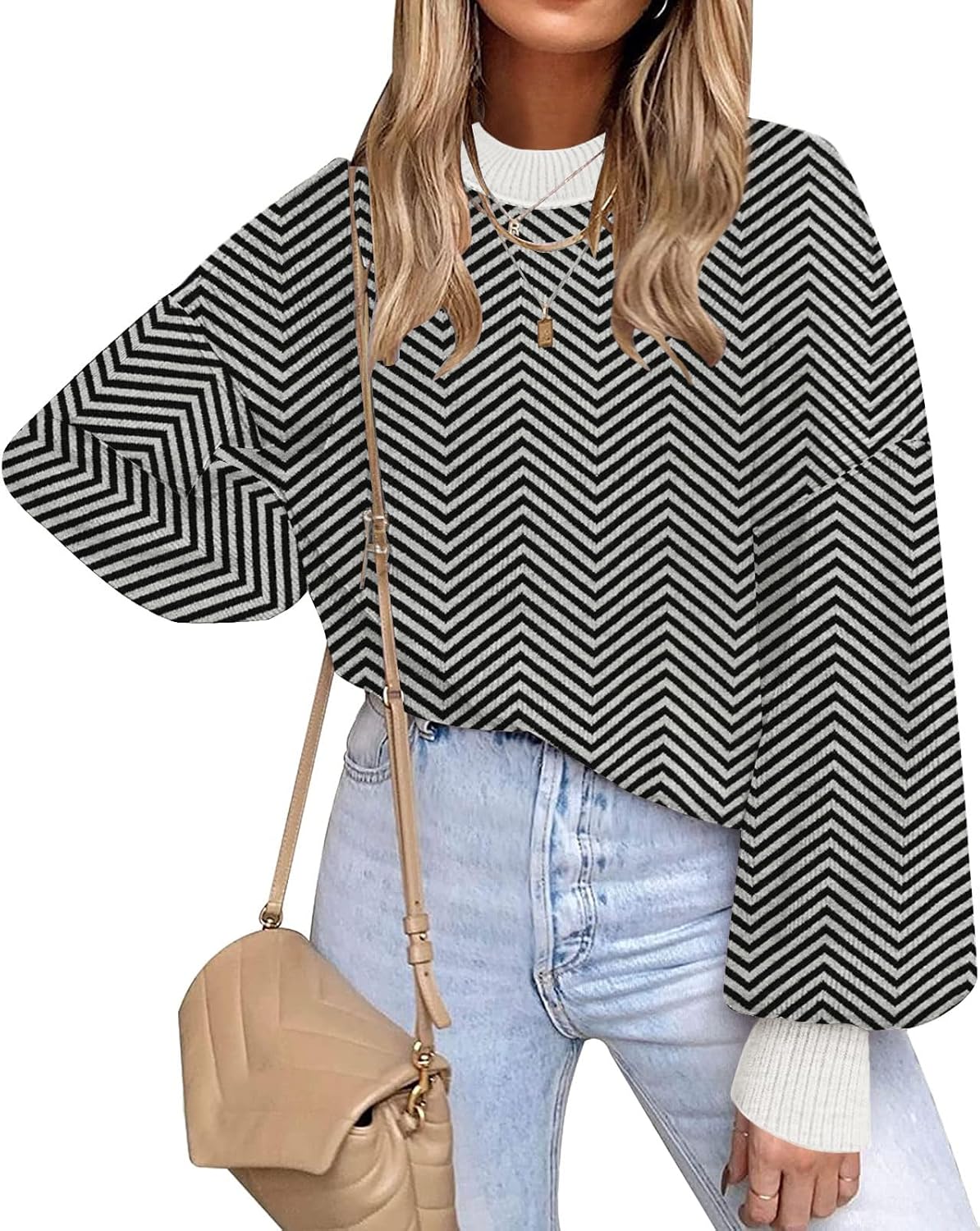ETCYY Womens Sweaters Fall 2025 Batwing Long Sleeve Side Slit Knit Tops Crew Neck Striped Oversized Sweater Pullover
