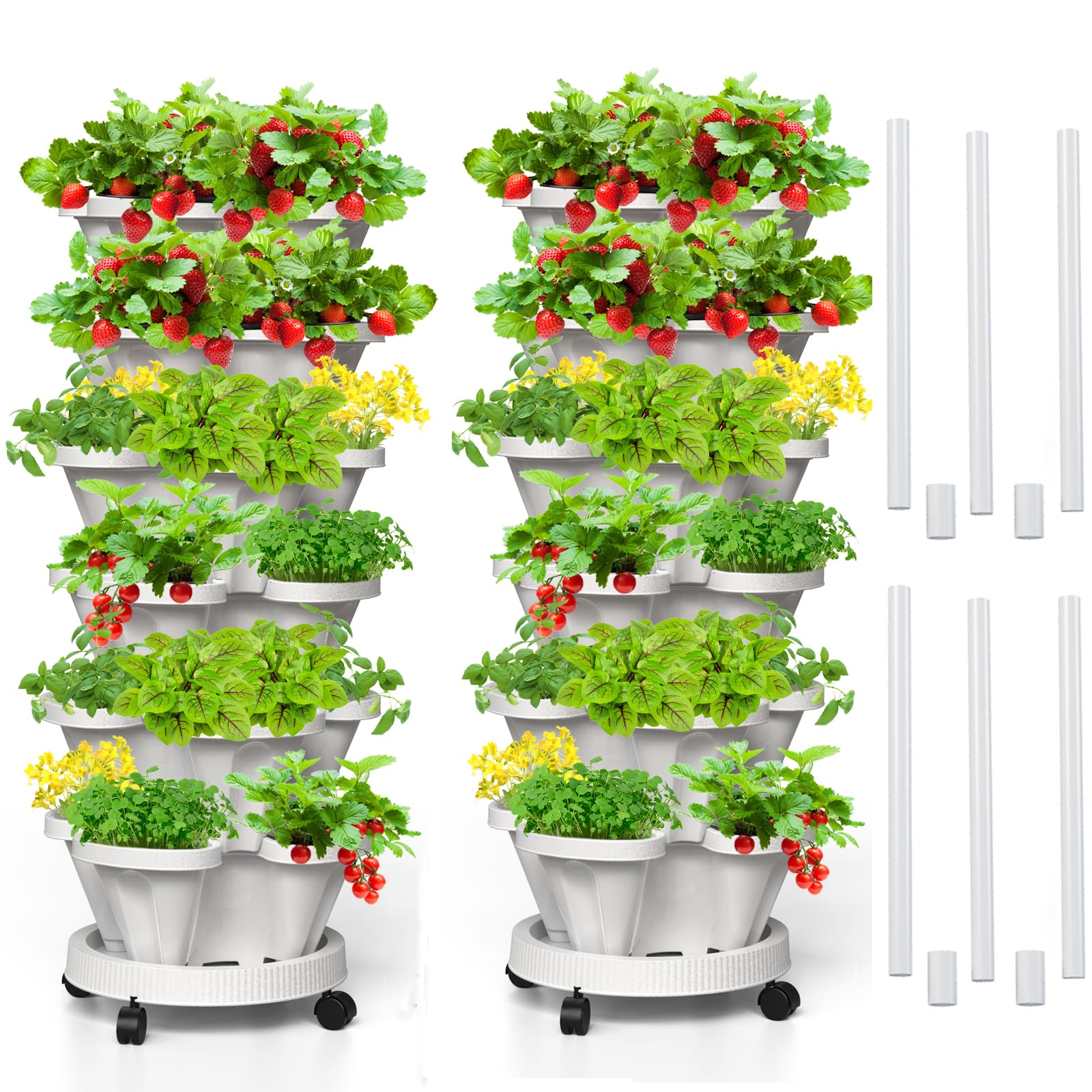 Tectsia 6 Tiered Strawberry Vertical Planters 2 Pack, Stacking Tower Garden with Support Pole, Stackable Herb Vegetable Planter Indoor Outdoor White