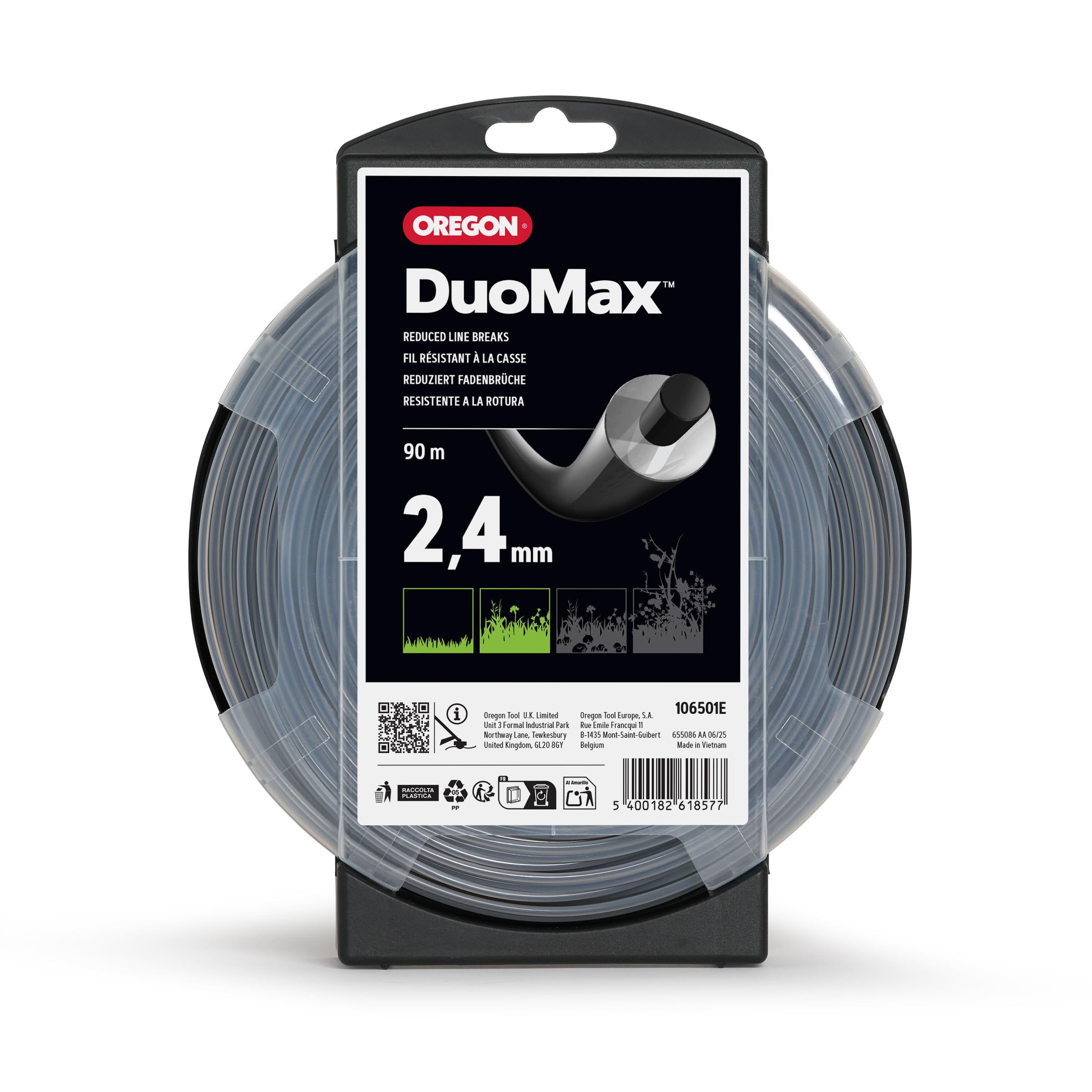 Oregon Hilo Material dual para Desbrozadora 2.4mm, Hierba, Maleza, Vegetación y más, Hilo de Nylon de Gran Resistencia, Compatible con la Mayoría de Modelos Estándar, 2.4mm x 90m (106501E)