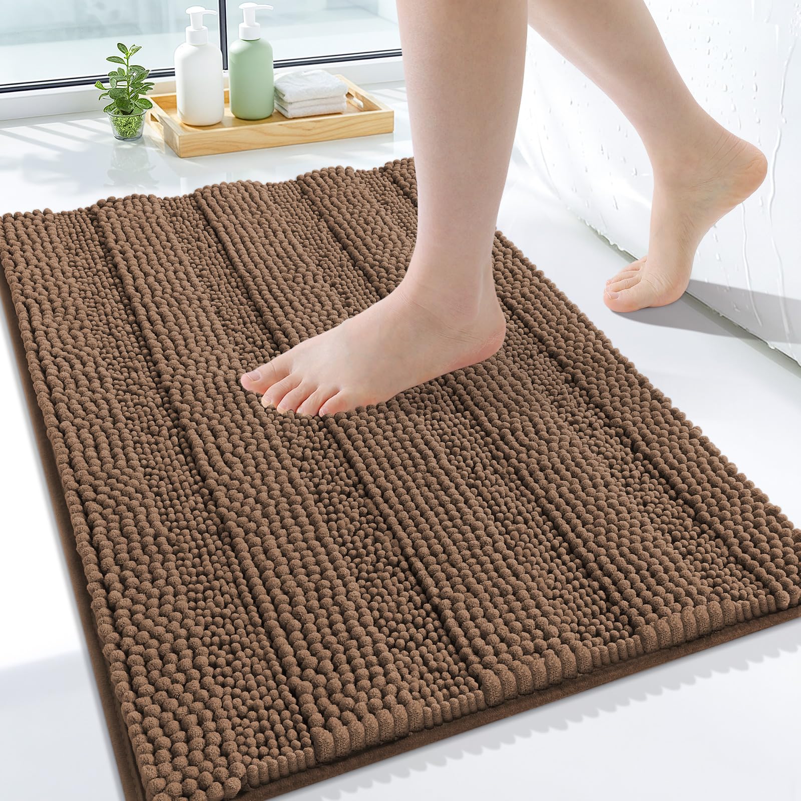 Grandaily Chenille Bathroom Rugs 24x16, Soft Absorbent Bath Mats, Mocha
