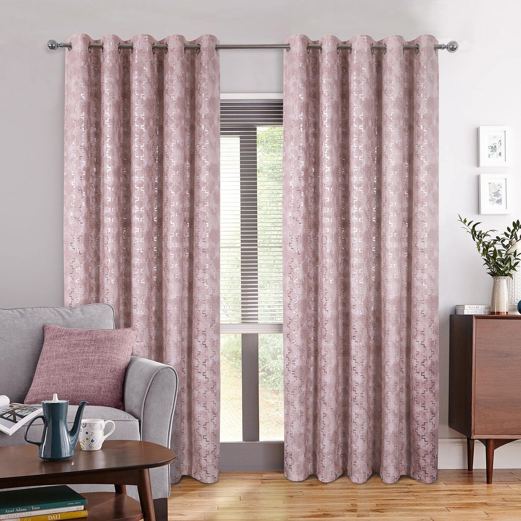 always4u Eyelet Printed Geometric Patterns Curtains 100% Blackout Velour Velvet for Living Room Drop Curtain Pair Panels Pink 46 * 54