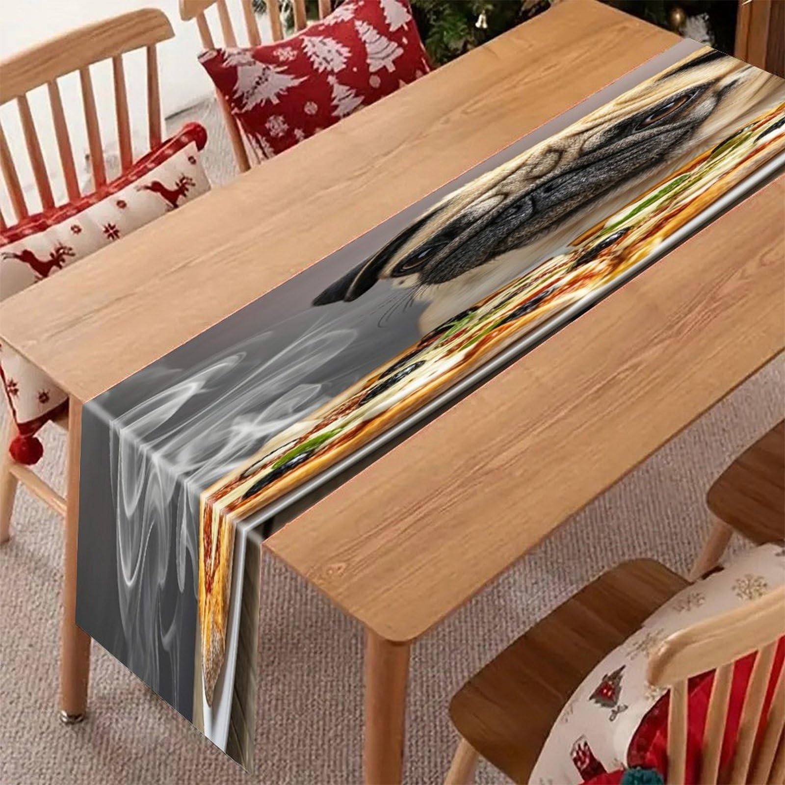 Pug Pizza Table Runner Modern Art Farmhouse Linen Table Runner Dresser Scarf Seasonal Kitchen Dining Table Decoration Dresser Scarves for Home Party Decor 13x70 Inch