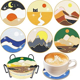 Diamond Painting Coasters, 6 Pcs Abstract Landscape Diamond Painting Coasters with Holder, Diamond Painting Kits for Adult...