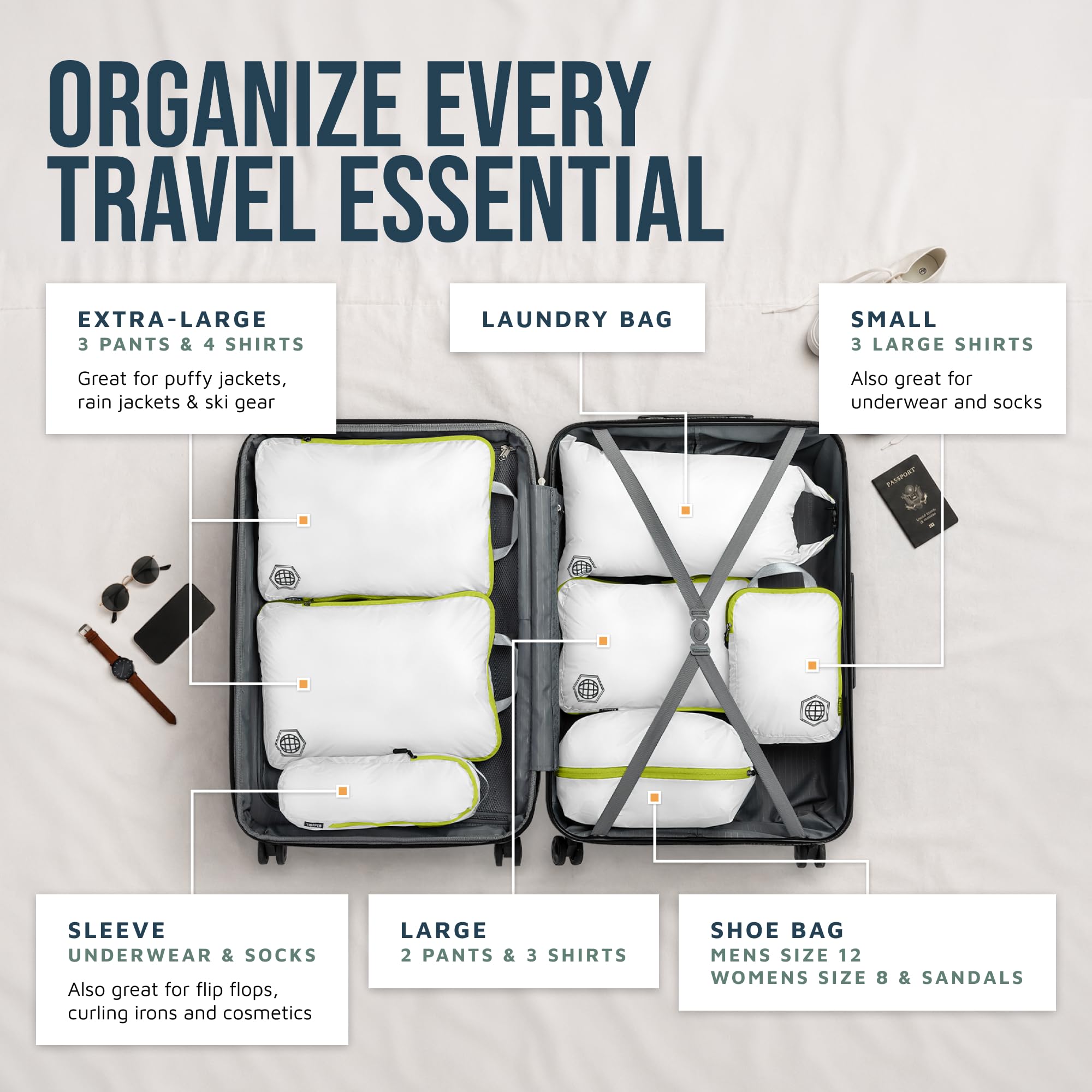 TRIPPED Travel Gear - Cubos de embalaje grandes para viajes, cubos de compresión extragrandes, organizadores de equipaje, juego de 7 piezas, ultraligeros, expandibles/bolsas de compresión para ropa de