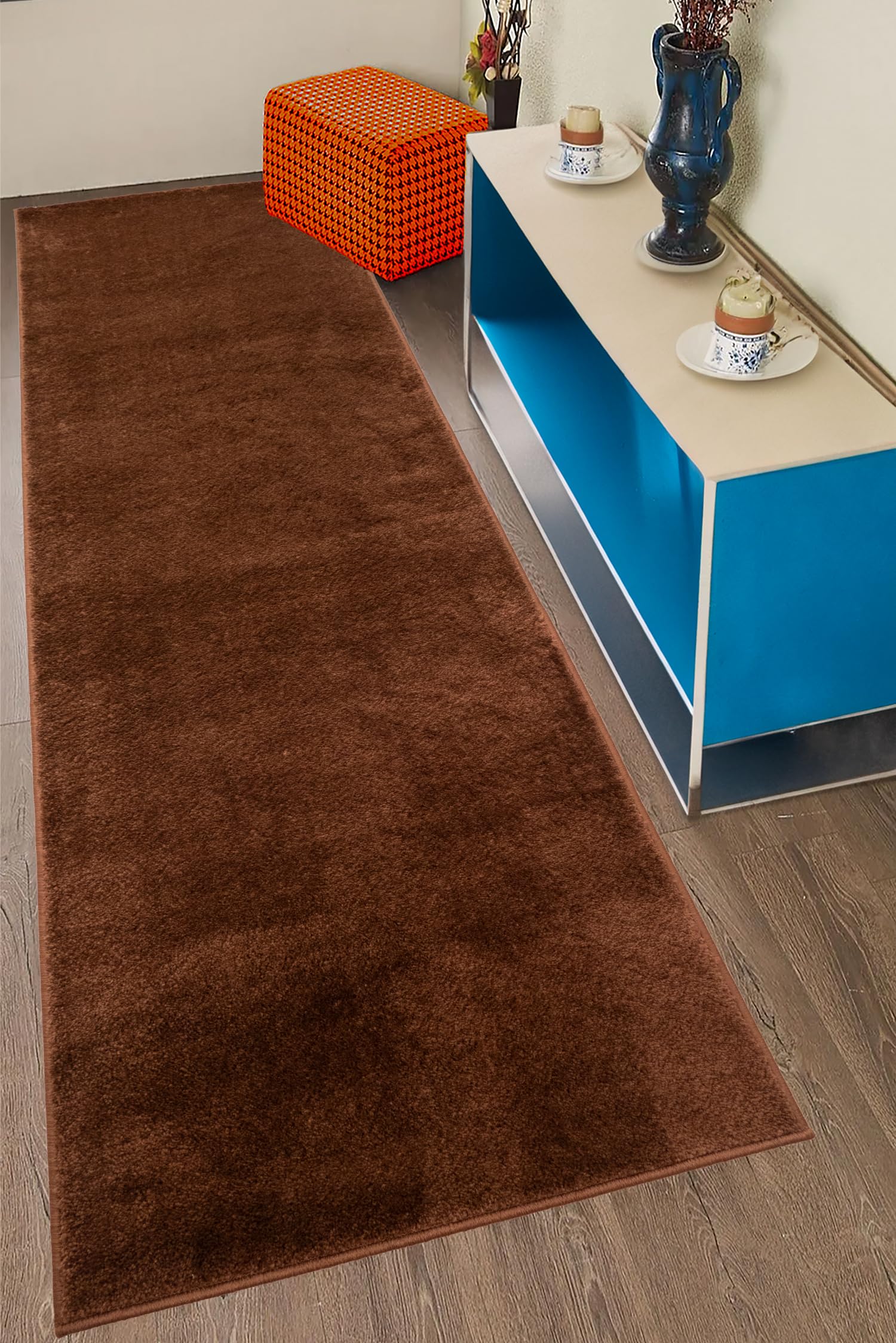 Soft Medium Pile Low Weigth Non Slip Custom Length Size Solid Color Design Runner Rug (Brown, 26" x 3')