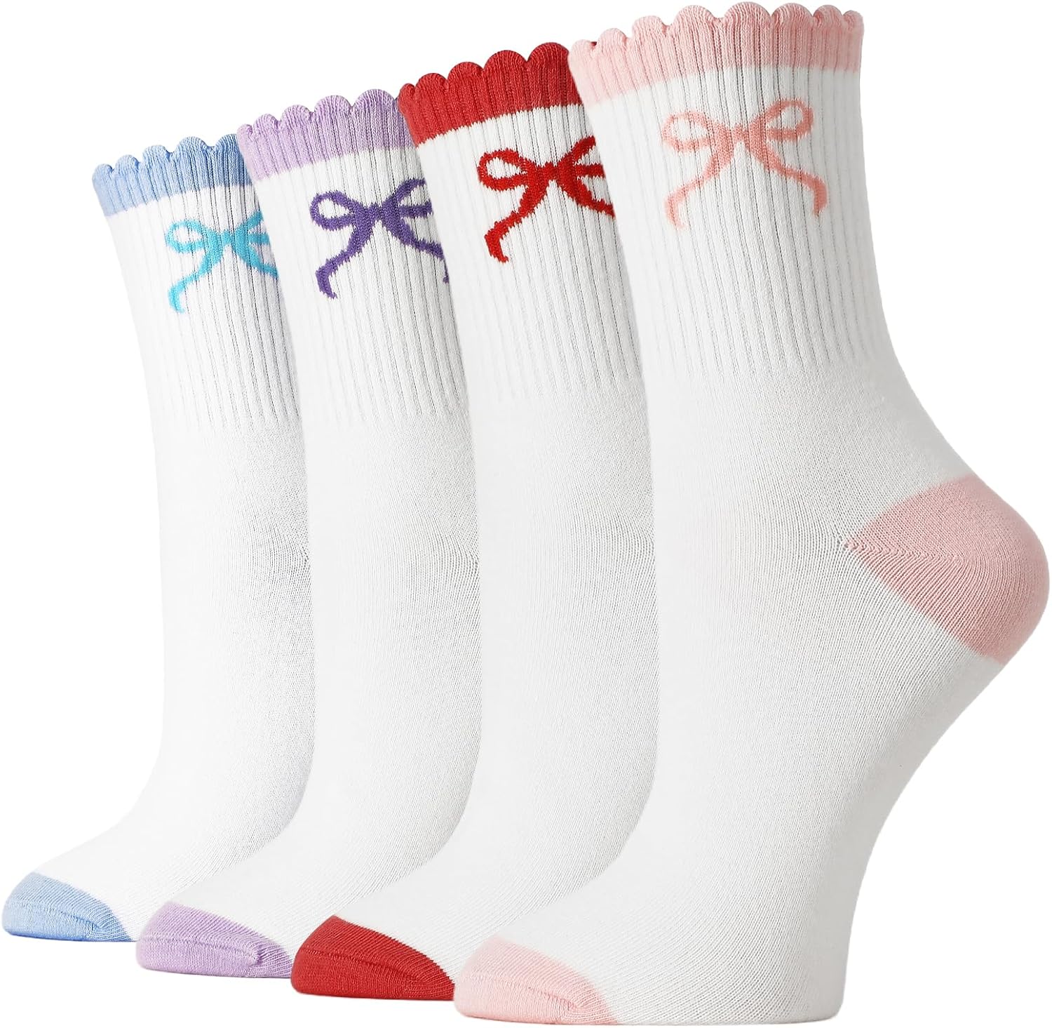 4 Pairs Women Ruffle Socks with Bows, Cute Crew Ankle Socks Casual Cozy Cotton Sock Soft Beathable
