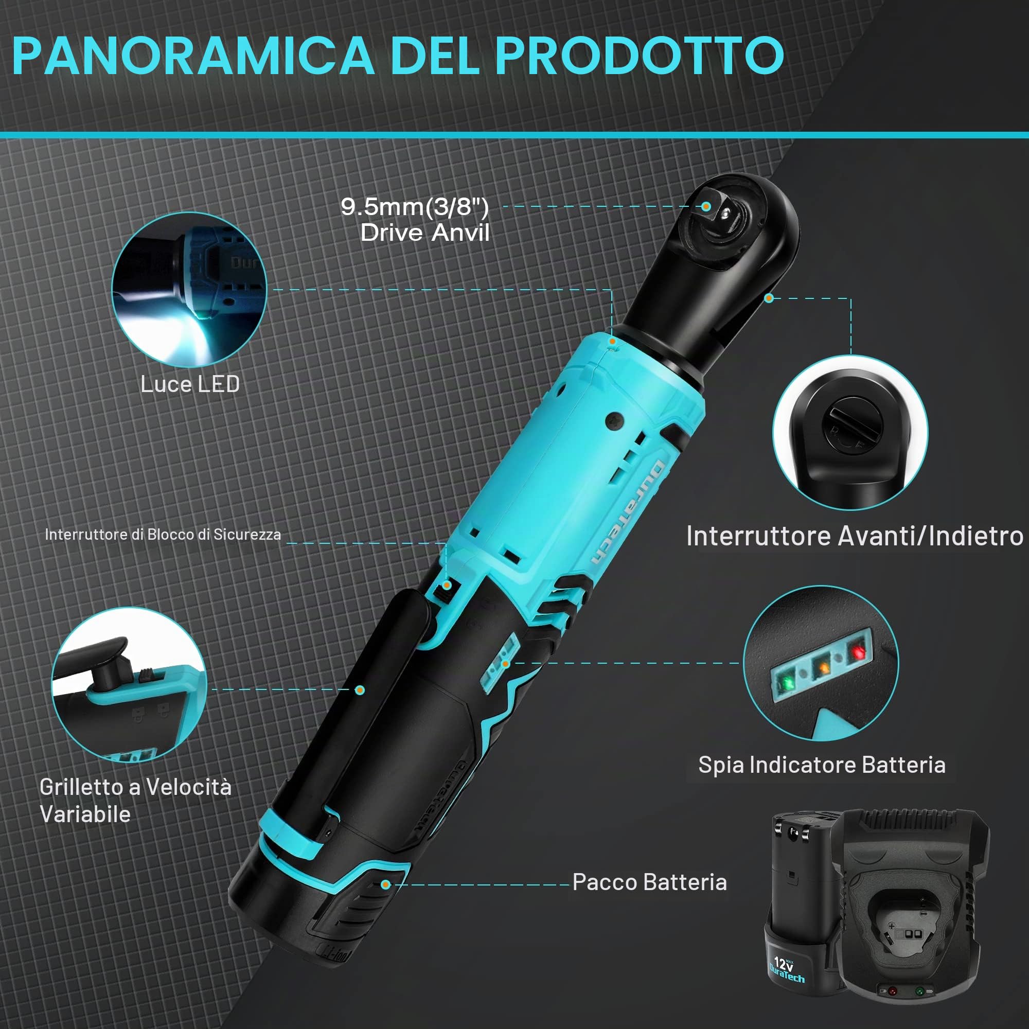 DURATECH Chiave a Cricchetto Elettrica Senza Fili 12V