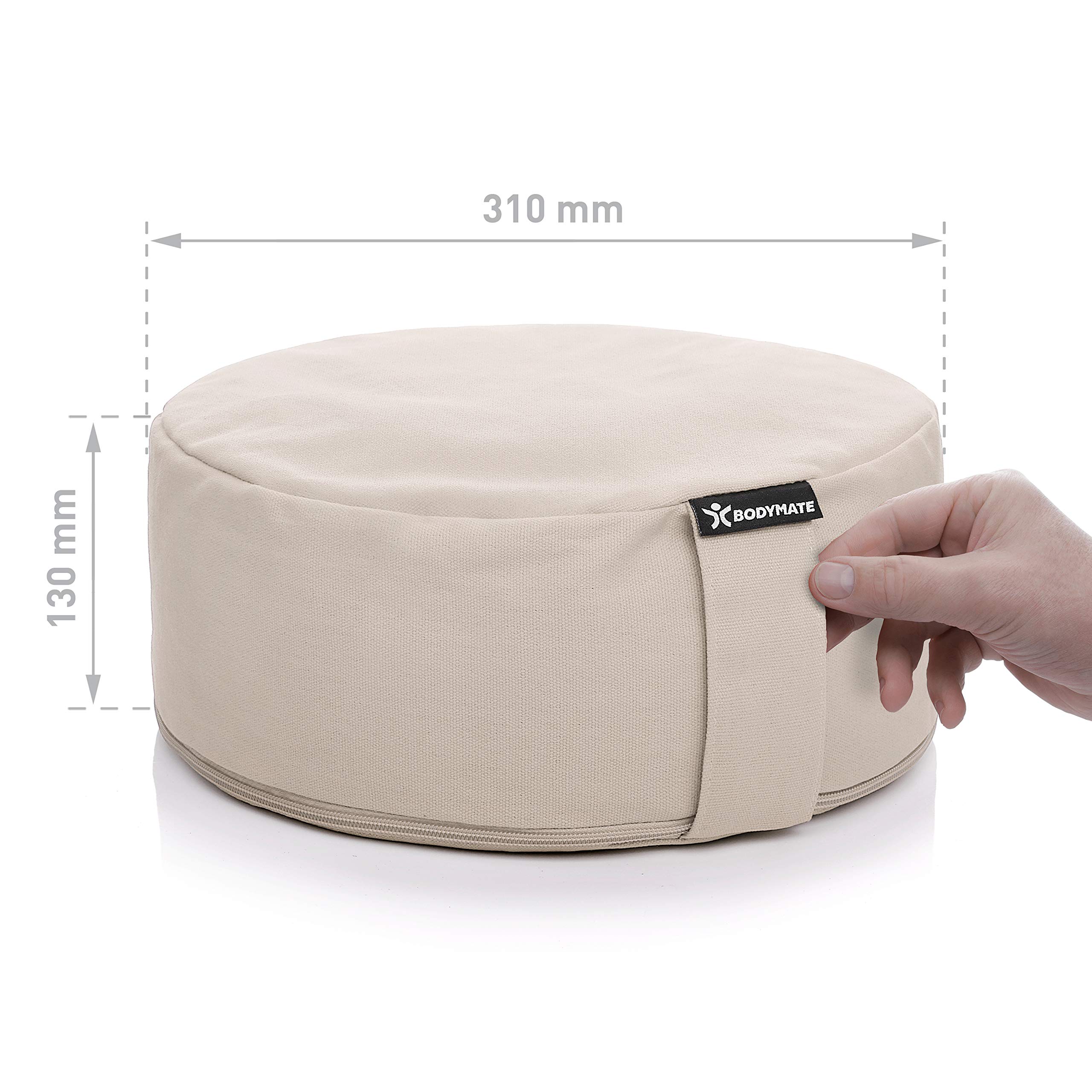 BODYMATE Coussin de Yoga Rond 31 cm de diamètre 13 cm de Haut avec Rembourrage en Fourrure de Sarrasin – Housse Lavable en Machine en 100% Coton Extra épais – Coussin de méditation – Coussin d'assise