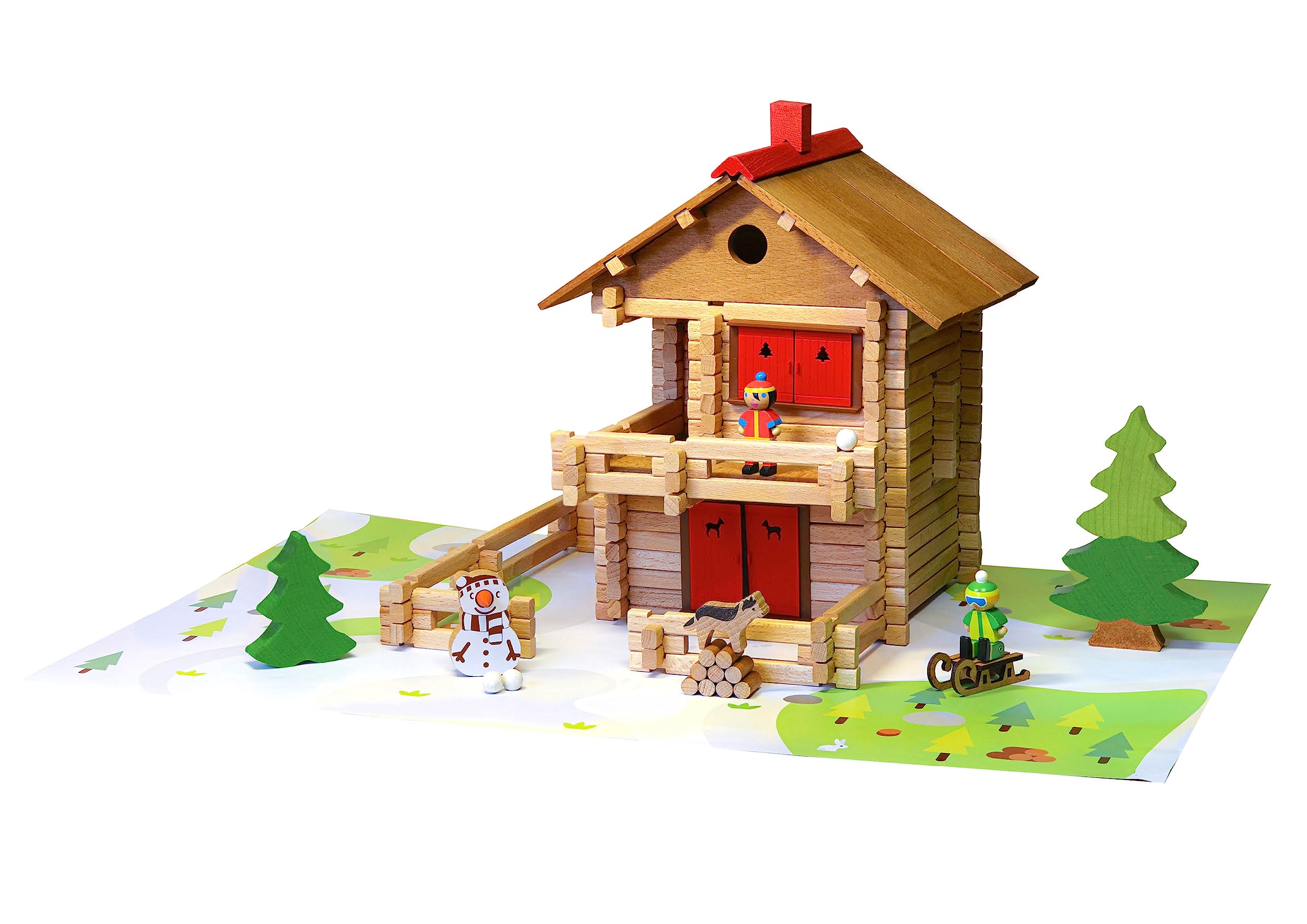 Jeujura - Grand Chalet d'Alpage 215 Pièces - Jeu Construction 5 Ans - 8091 | Personnages, accessoires et tapis de jeu inclus - Valisette rangement - Jeu en bois enfant - Imagination - Fabriqué en France
