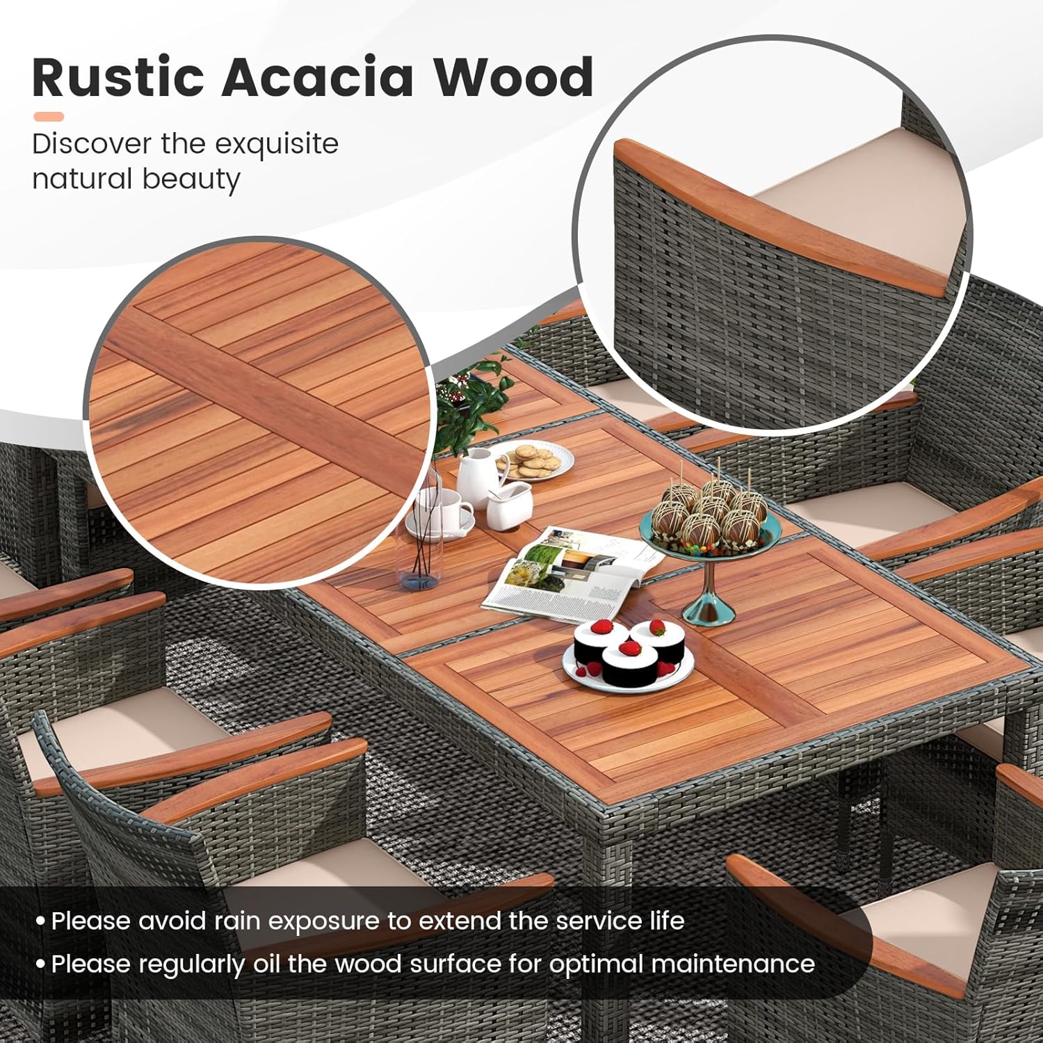 Tangkula 9 Pieces Outdoor Wicker Dining Set, Patio Dining Furniture Set with Acacia Wood Table and 8 Armchairs, Outdoor Table and Chairs Set with 1.96” Umbrella Hole and Cushions