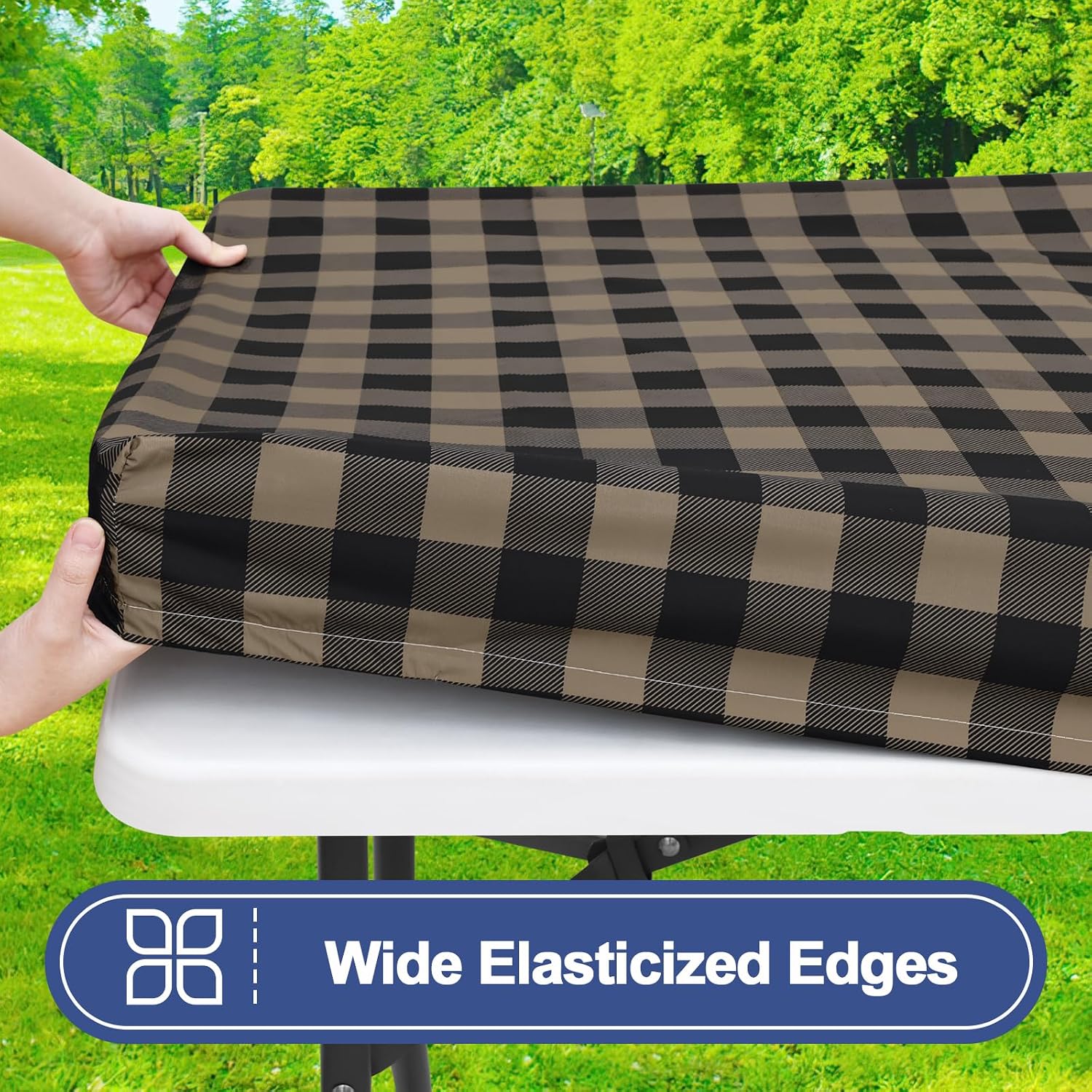  6 Foot Picnic Table Cloth 2 Pack, Elastic Fitted Polyester Tablecloth | Waterproof Washable Rectangle Tablecloths ,Buffalo Plaid Table Covers for Dining, Camping, Outdoor(Black & Khaki, 30" x 72") thumbnail