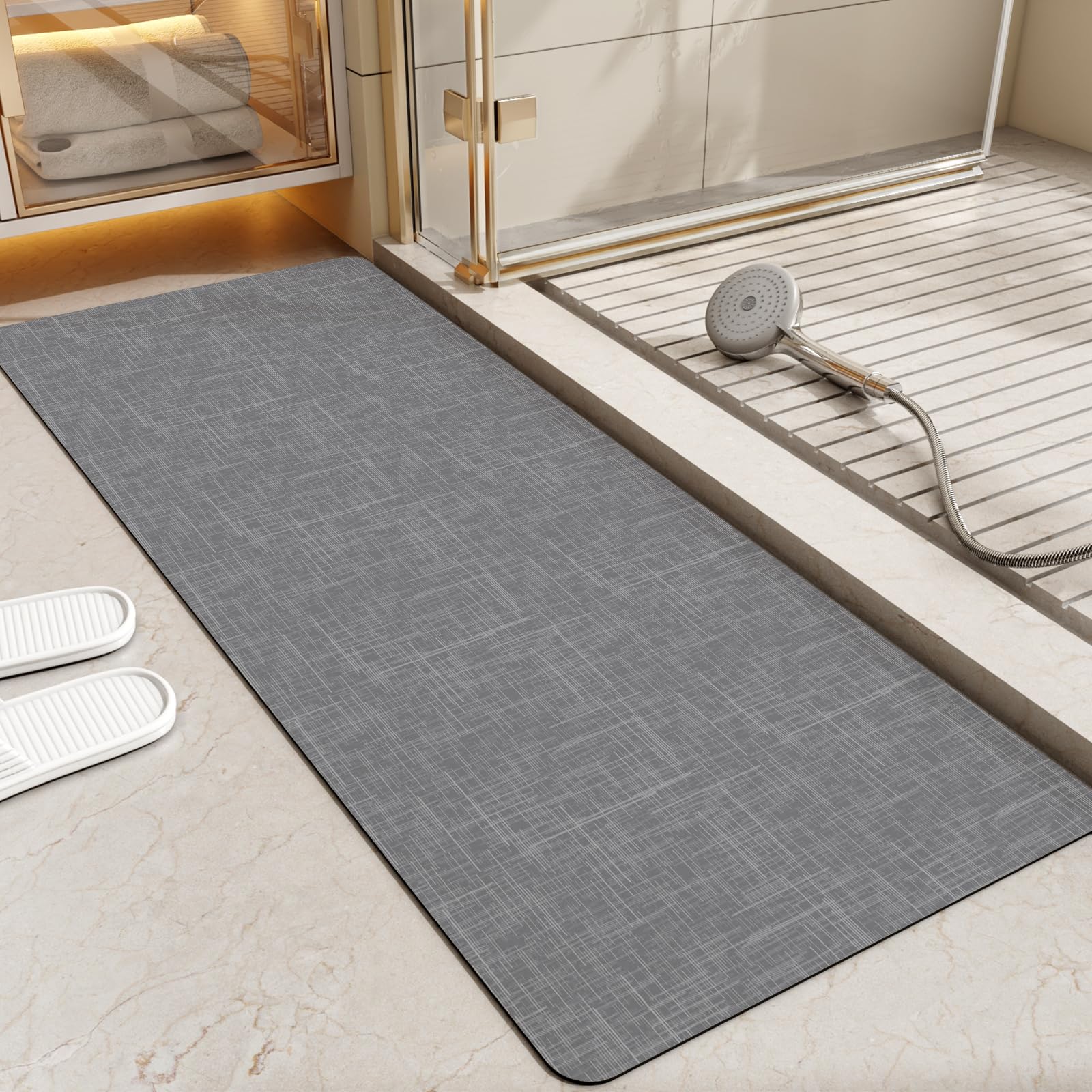 DEXI Bath Mat Rug-Rubber Non Slip Quick Dry Super Absorbent Thin Bathroom Rugs Fit Under Door-Washable Bathroom Floor Mats-Shower Rug for in Front of Bathtub,Shower Room?17"x43"?Dark Gray