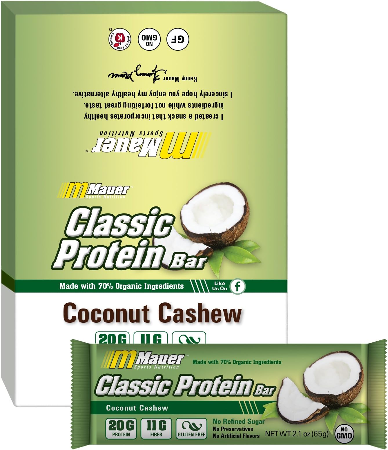 Mauer Sports Nutrition Classic Protein Bar, Coconut Cashew (65g), 19g Protein, 12-count