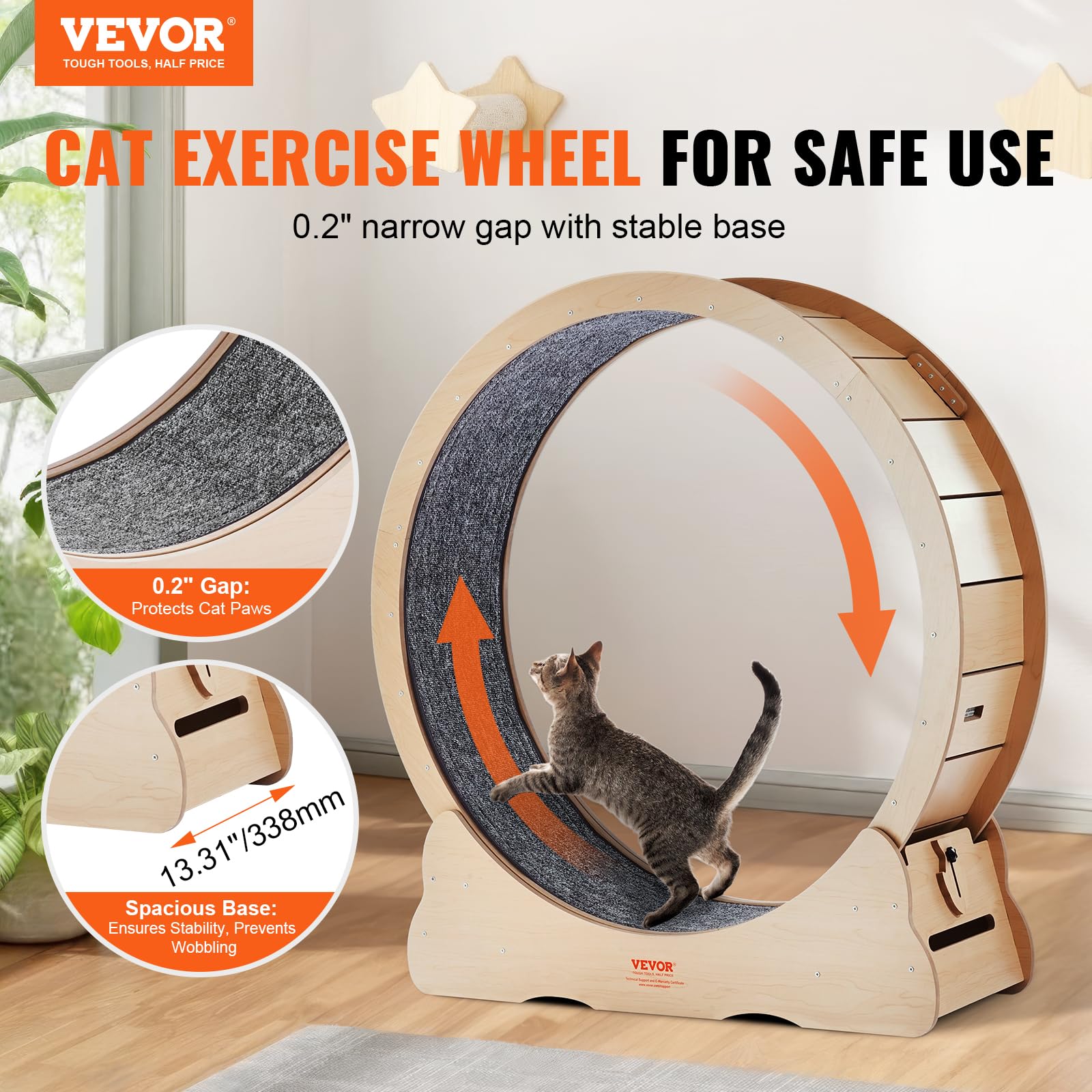 VEVOR Ruota per Esercizi per Gatti in Legno, Ruota per Tapis Roulant per Gatti 110 cm, Ruota Tavola di legno per Corsa con Tappeto Staccabile e Teaser per Gatti per Corsa Allenamento Interno Gialla
