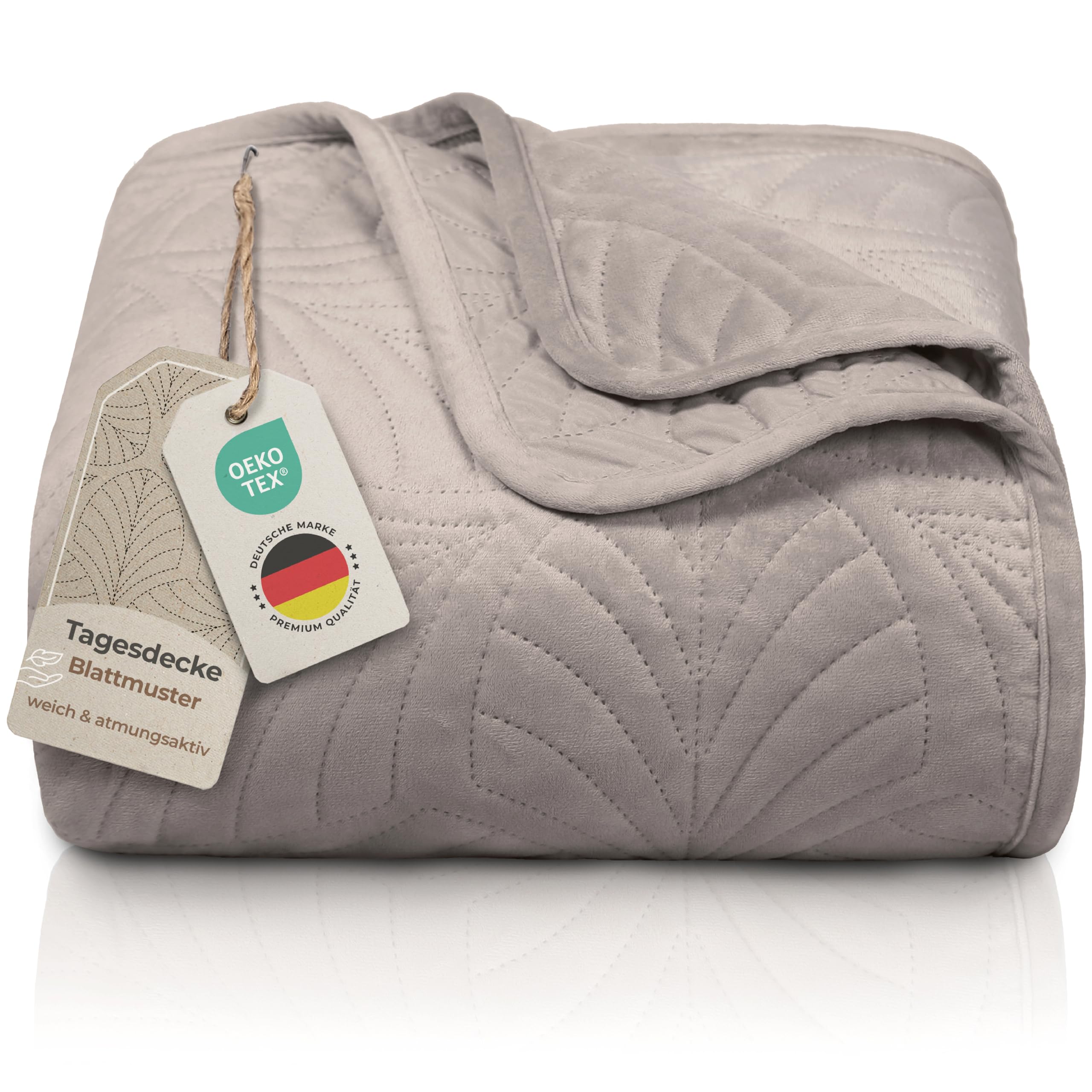Gräfenstayn Premium Tagesdecke 220x240 cm – Bettüberwurf mit Nahtloser Steppung & Blatt-Design – Samt-Decke weich knitterfrei pflegeleicht (Taupe)