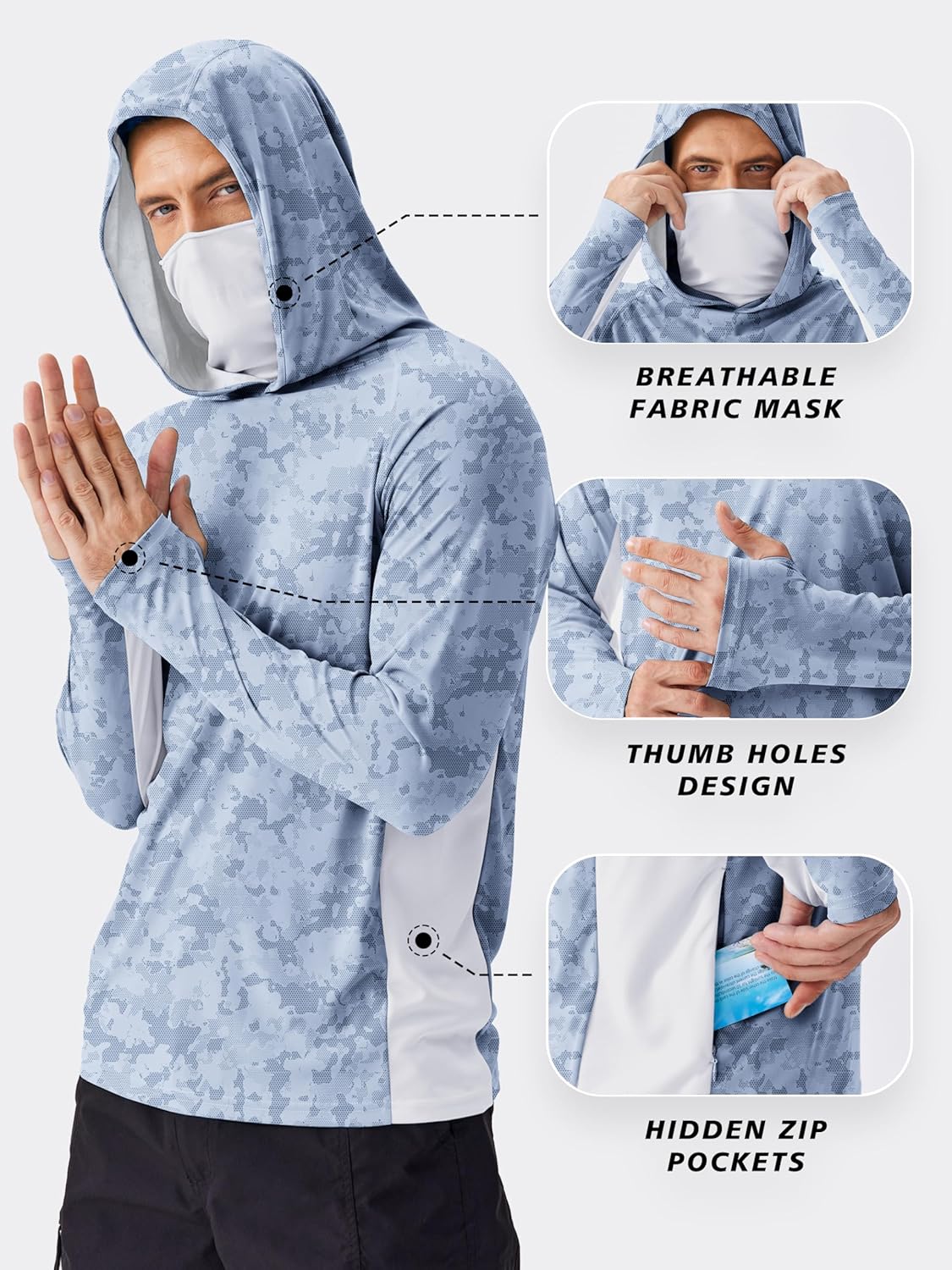 PINSPARK Men's Sun Protection Hoodie with Mask UPF 50+ UV Long Sleeve Shirt Men Rash Guard Performance Fishing Hiking Shirt