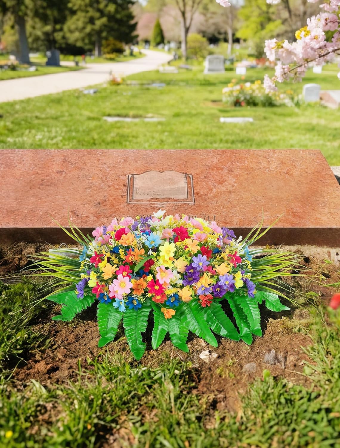 Cemetery Flowers for Grave Fake: Spring Flowers for Cemetery Easter Colorful Artificial Wildflowers with Stake - Faux Silk Memorial Day Grave Decorations for Outdoor Gravesite
