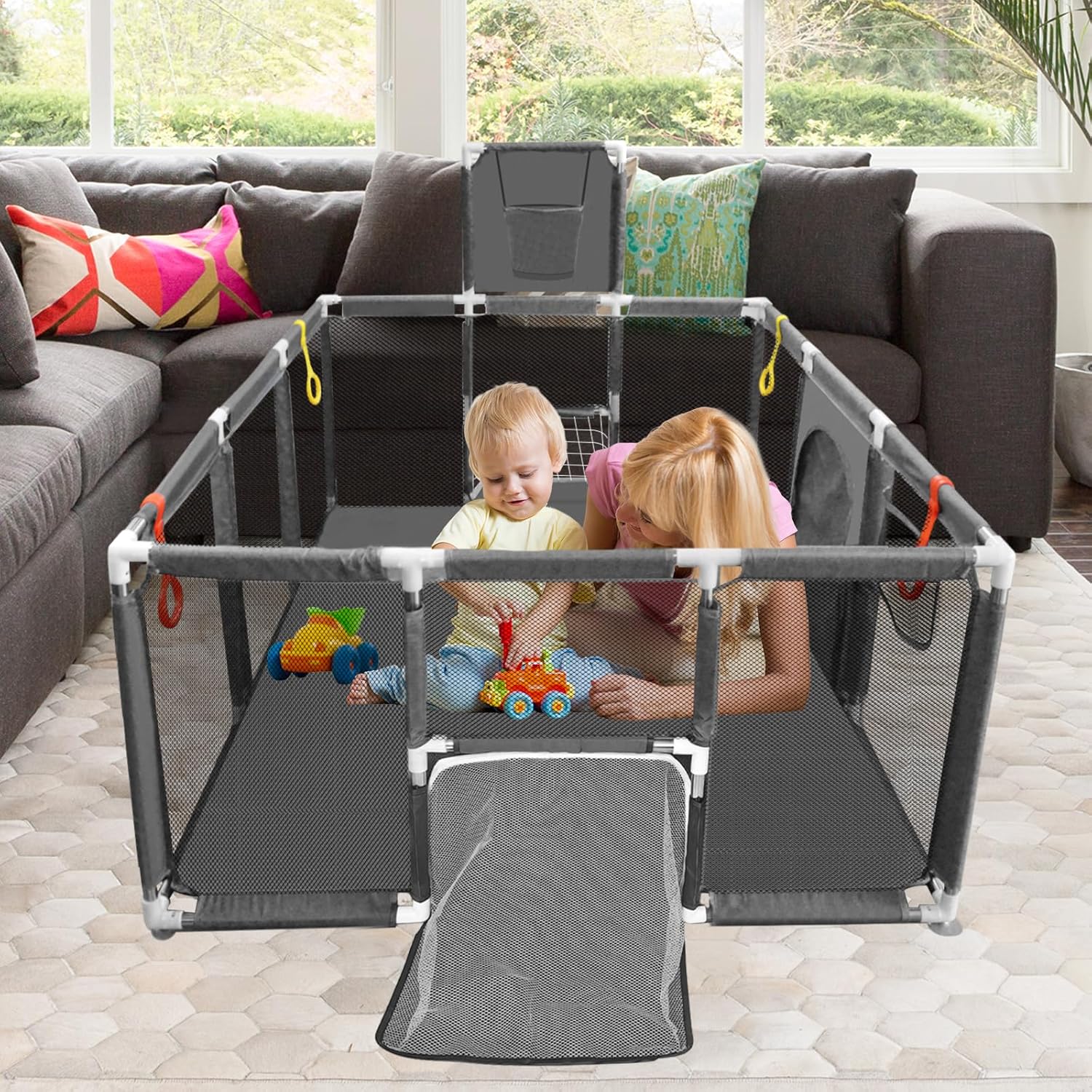 Large Baby Playpen 74''×50'', Play Pen Playards for Babies Toddlers, Ball Pit with Basketball Hoop & Soccer Nets, Kids Activity Fence Play Yard with Anti-Slip Base & Soft Breathable Mesh (Dark Grey)