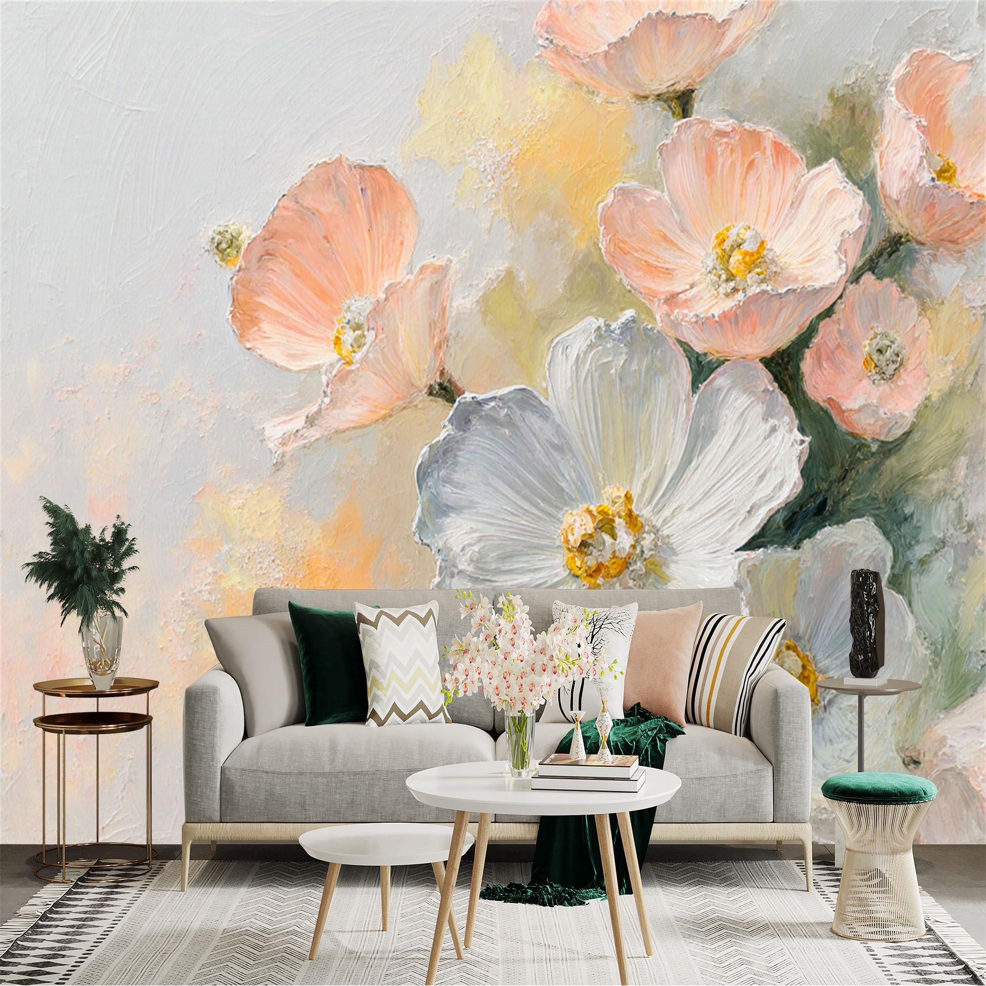 Custom Size Wall Sticker Mural， Soft Pastel Oil Painting Flowers， Elegant Botanical Floral Art， White and Pink Petals， for wall Decoration， peelandstick wall Decals.