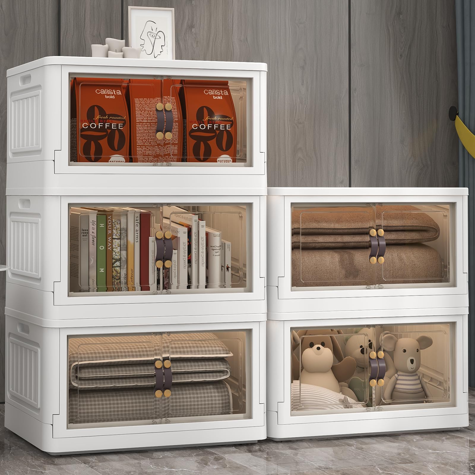 Shelime 5-Pack Foldable Stackable Storage Bins with Lids - 23 Gal Collapsible Storage Boxes with Wheels and Open Front Door for Closet Organization Toys Clothes and Books