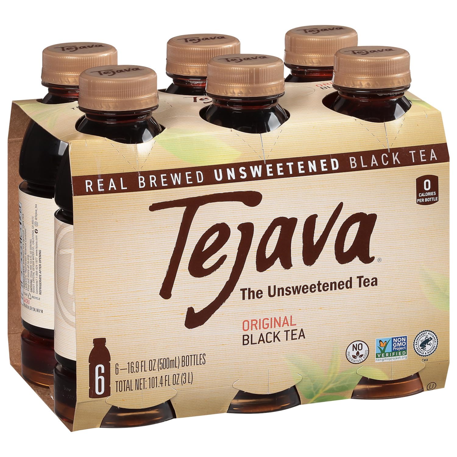 Tejava Original Unsweetened Black Iced Tea, 6 Pack, 16.9oz PET Bottles, Non-GMO, Kosher, No Sugar or Sweeteners, No calories, No Preservatives, Brewed in Small BatchesRainforest AllianceRainforest AllianceRainforest AllianceRainforest Alliance