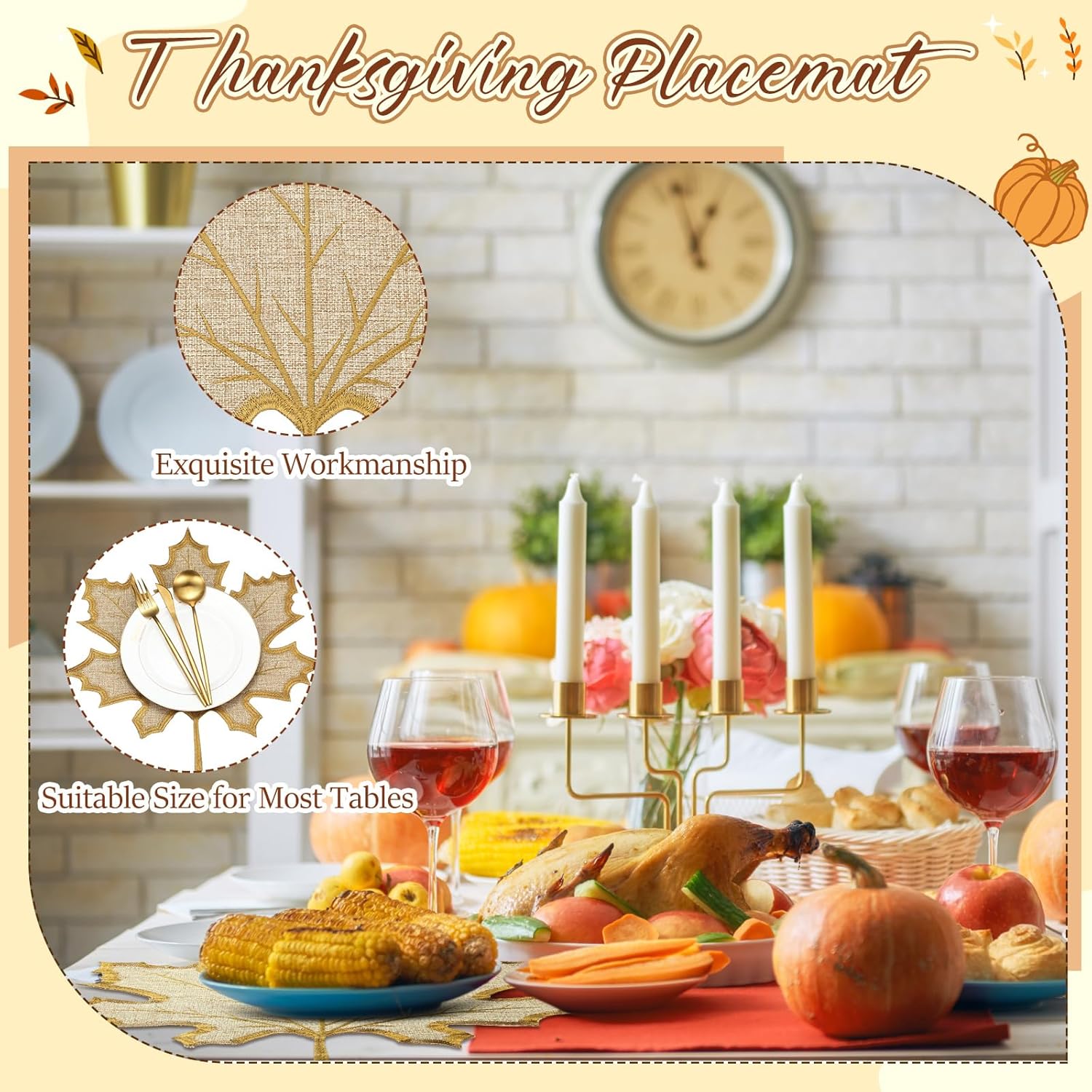 6 Pcs Thanksgiving Maple Leaves Placemats Fall Placemats Thanksgiving Decoration Natural Color Polyester Table Mats for Home Farmhouse Kitchen Vintage Country Table Decoration