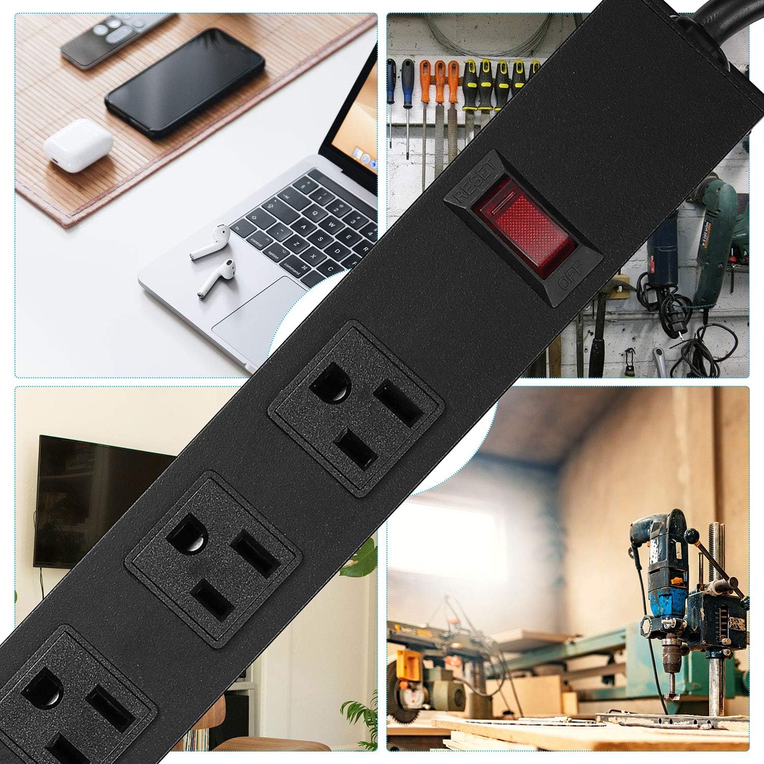 6 Outlets Metal Power Strip, Wall Mount Heavy Duty Power Outlet with Switch, Aluminum Alloy House, 14AWG Power Cord, 15A 125V 1875W, Black (6 FT) : Electronics