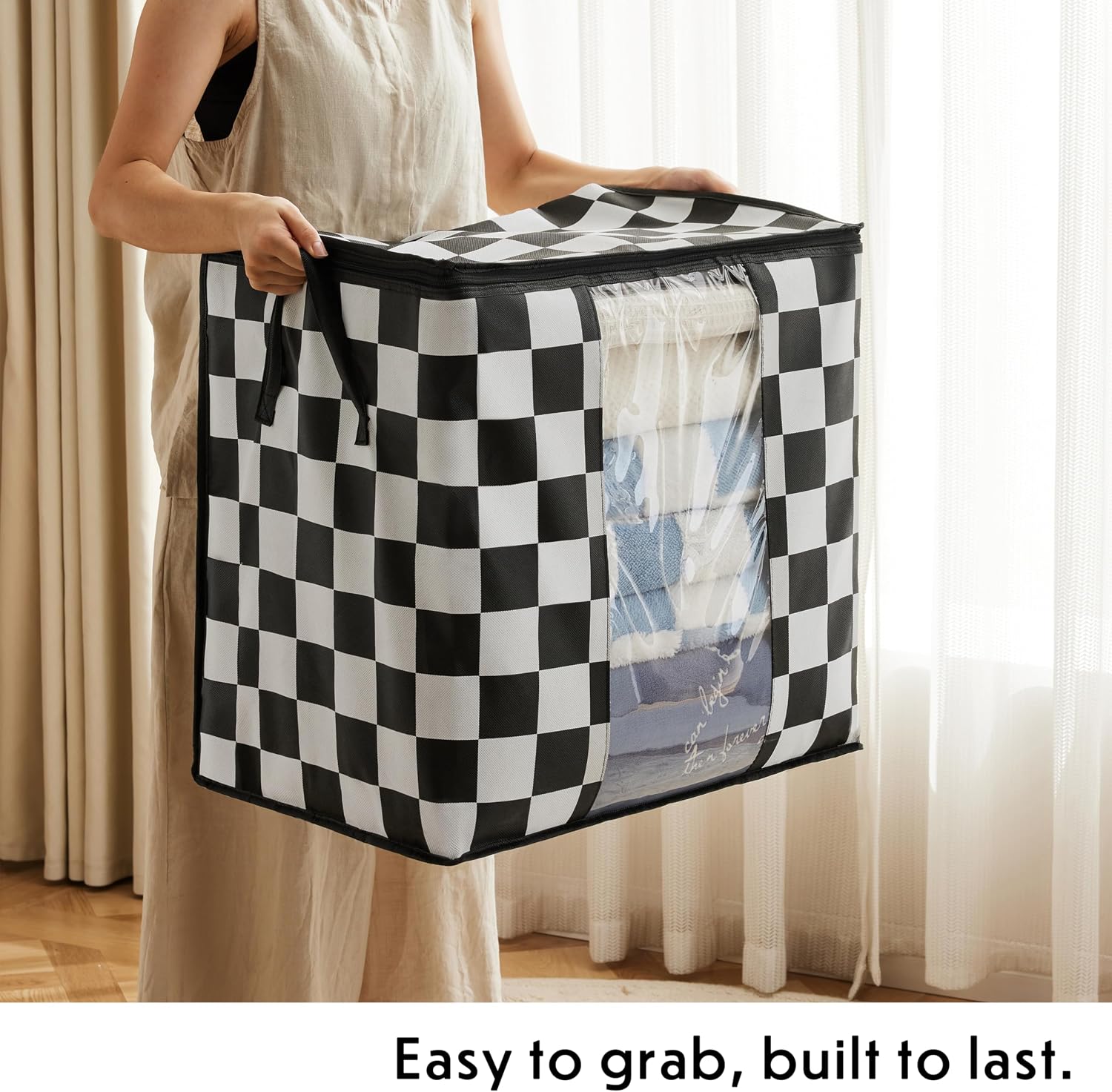 Ohocut Black and White Checkered Clothes Storage Bins, 100L Large Blanket Storage Bags 3 Pack, Closet Organizers and Storage Containers for Comforters, Bedding, Foldable Organizer with Handle