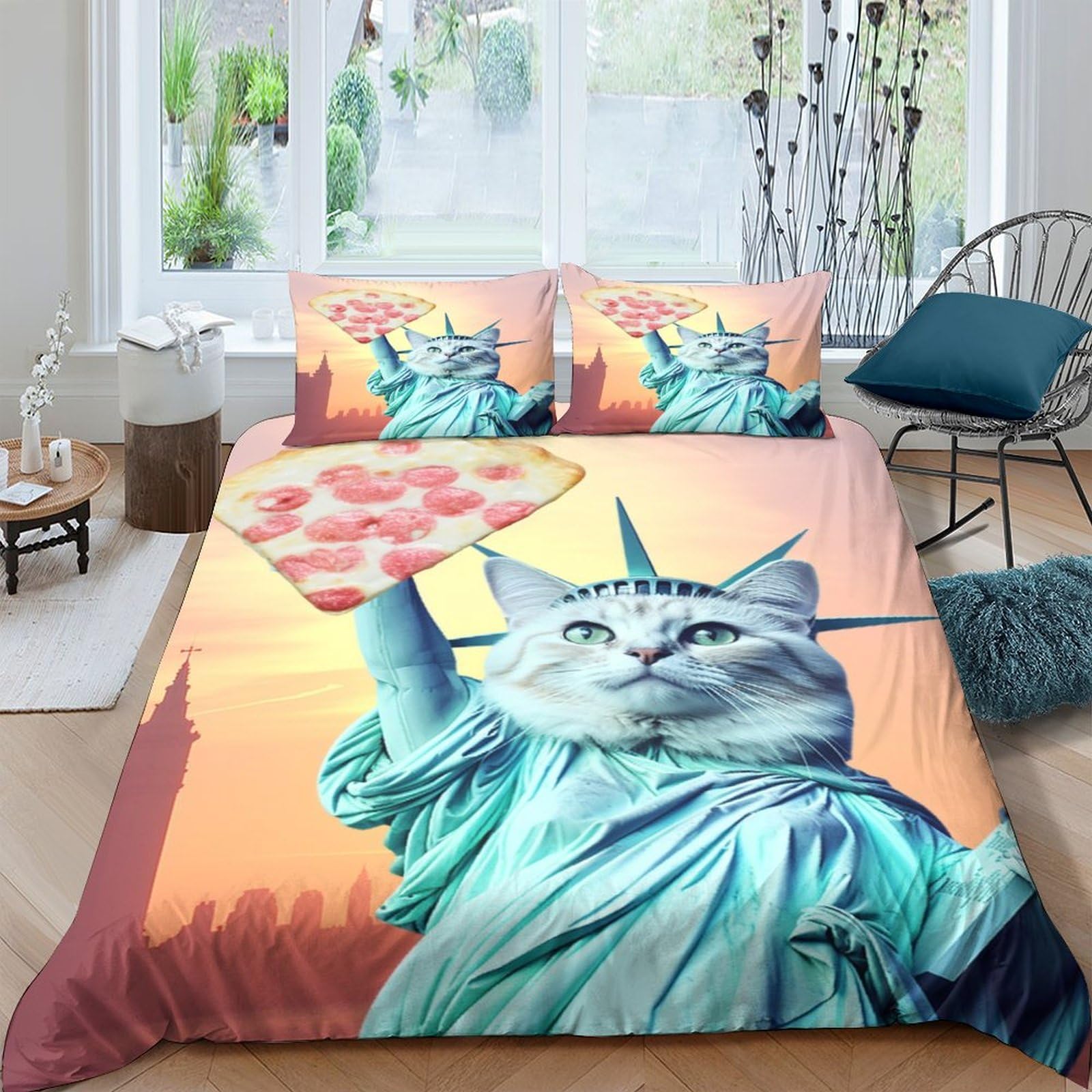 Housse de couette chats et pizza 200x200 pour une chambre fun et cosy
