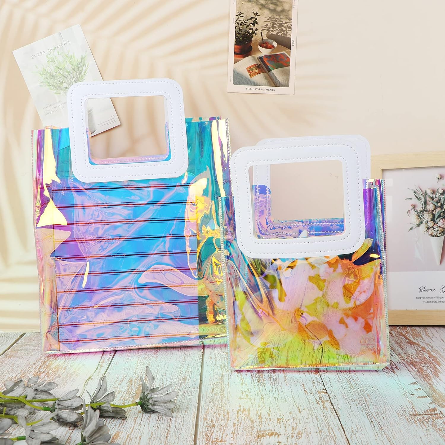 3 Pcs Iridescent Gift Bags with Handle Clear Holographic PVC Plastic Gift Bags Small Heavy Duty Gift Wrap Tote Bags for Party, Wedding, Birthday, Christmas, Shopping Bags Bulk - 12.6"x9.8"x5.3" image 5