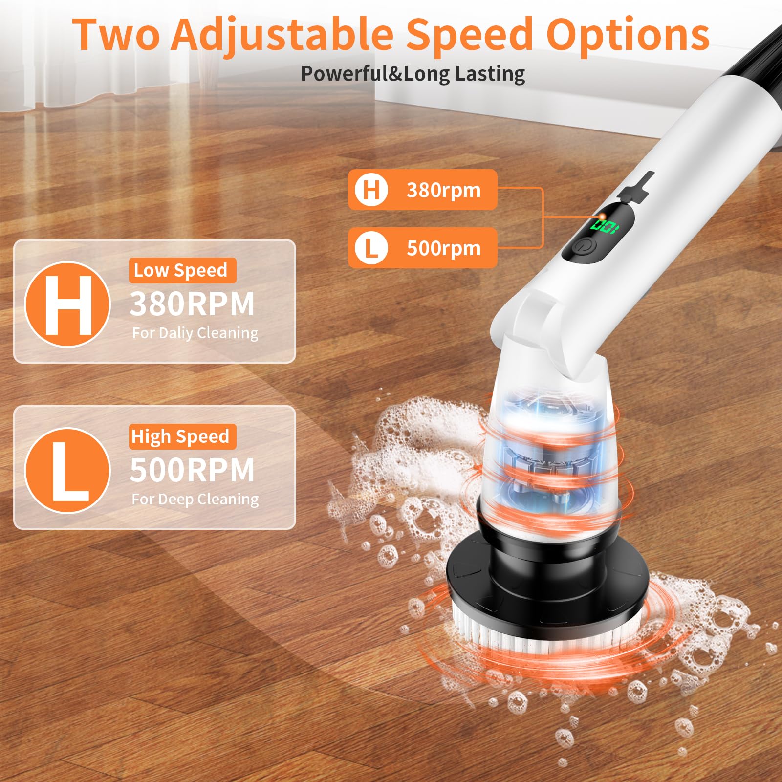 Spazzola elettrica 11 in 1 per la pulizia senza fili, 3 angoli regolabili, 2 velocità regolabili, display a LED, spazzola per la pulizia della doccia, prolunga con manico lungo per bagno, pavimento