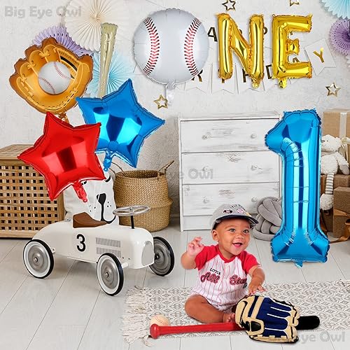 Miniatura 4 de Novato del año 1er cumpleaños decoraciones de béisbol de papel de aluminio número 1 globos azules juego uno dorado primer cumpleaños suministros