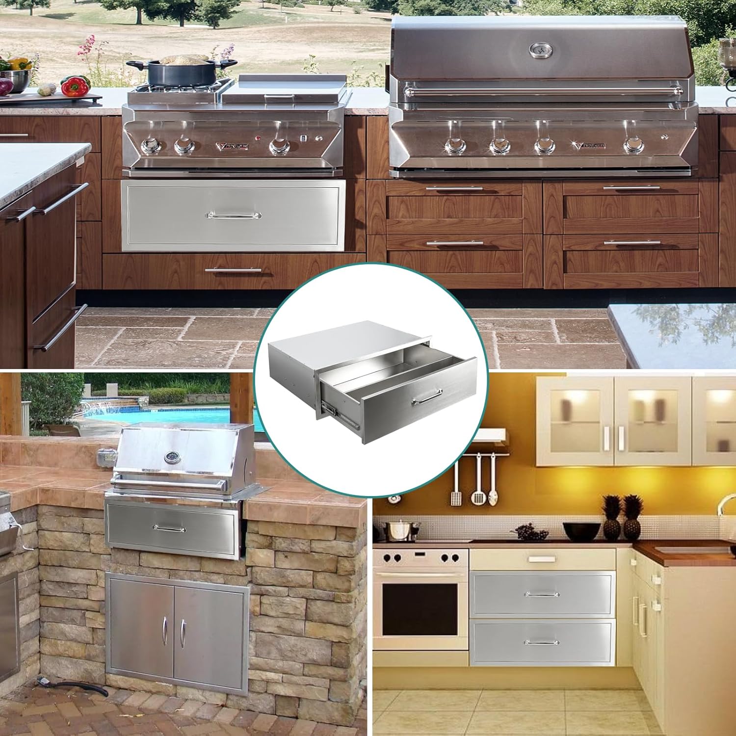 Outdoor Kitchen Drawers 30" W x 10" H x 23" D Stainless Steel Drawer BBQ Single Drawers with Chrome Handle for Outdoor Kitchen Island, Patio Grill Station