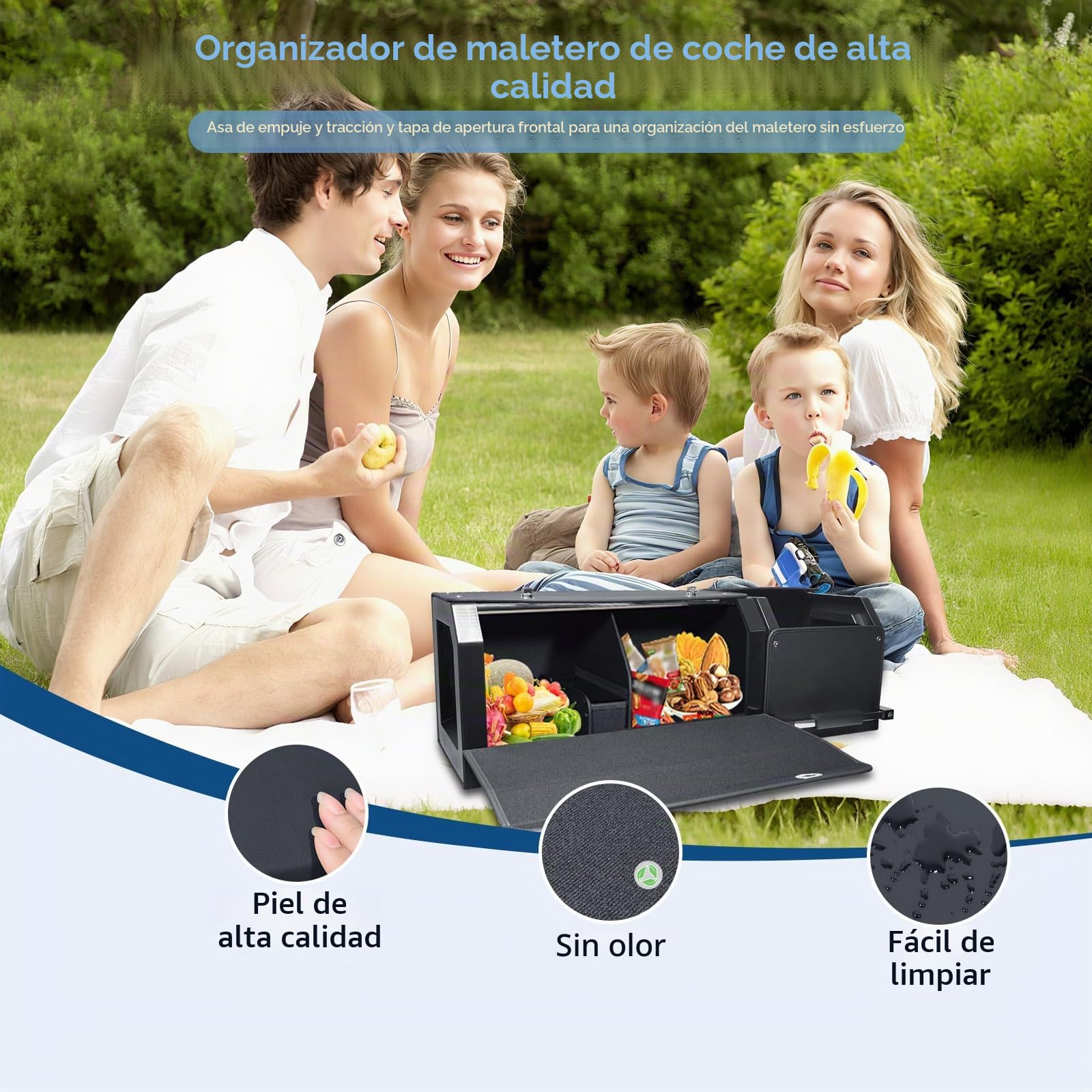 Organizador para Maletero de Coche con Tapa | Caja de Almacenamiento Modular 2 en 1 (con Subcajas) | Tamaño XXL | Asa Estable y Piel NAPPA Resistente | Marco ABS (Negro, 92x29x31cm)