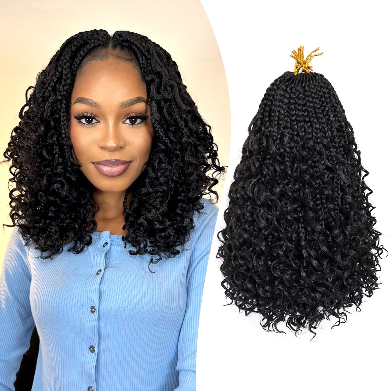Goddess Box Braids Crochet Hair for Woman 12 Inch 7 Packs Short Pre-looped Crochet Box Braids Curly Ends Bohemian Hippie Braids Synthetic Braiding Hair Extension Natural Black 1B