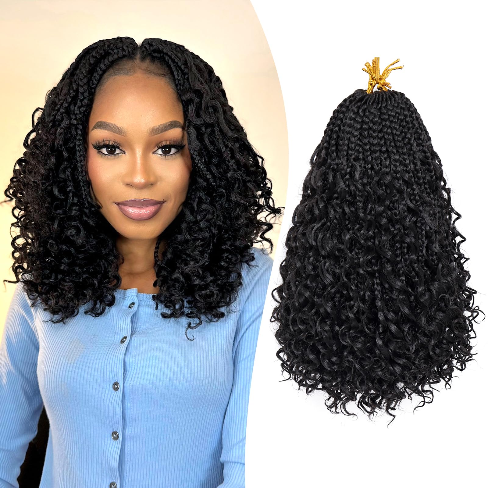 Goddess Box Braids Crochet Hair for Woman 12 Inch 7 Packs Short Pre-looped Crochet Box Braids Curly Ends Bohemian Hippie Braid Synthetic Braiding Hair Extension (1B)