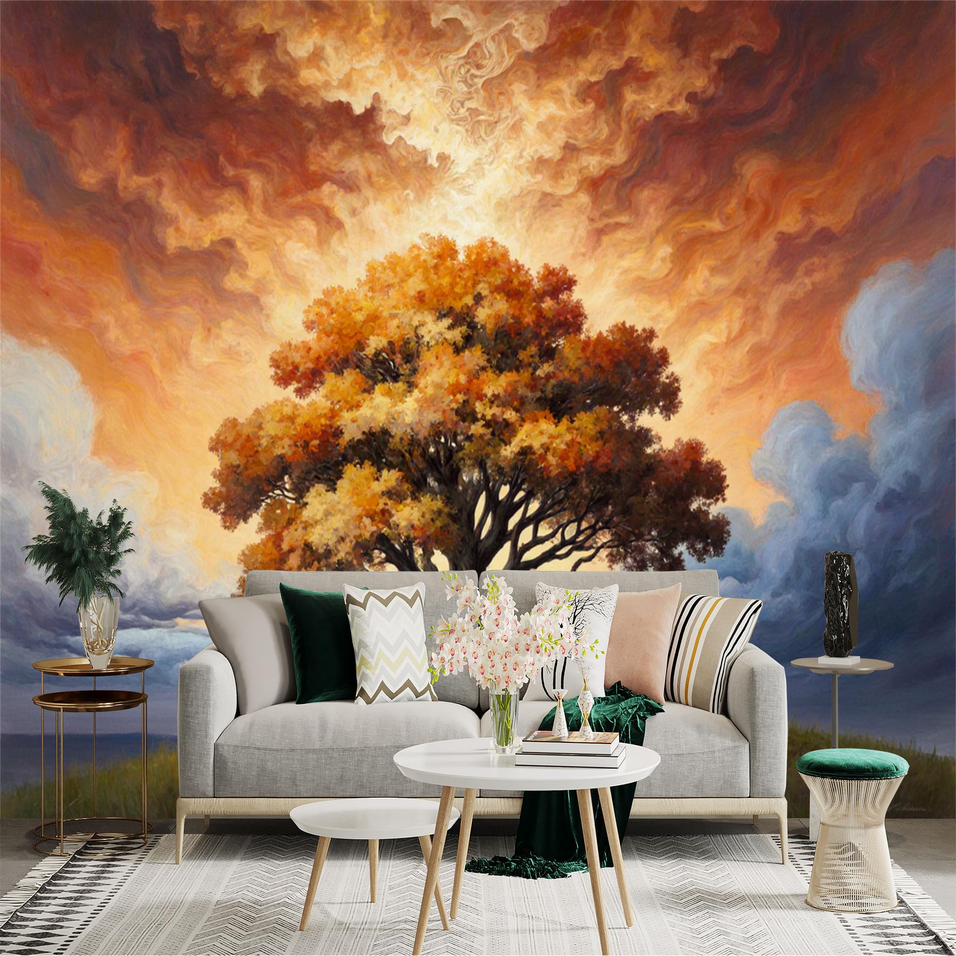 Custom Size Wall Sticker Mural， Autumn Tree on Hill with Dramatic Sky and Colorful Clouds， for wall Decoration， peelandstick wall Decals.