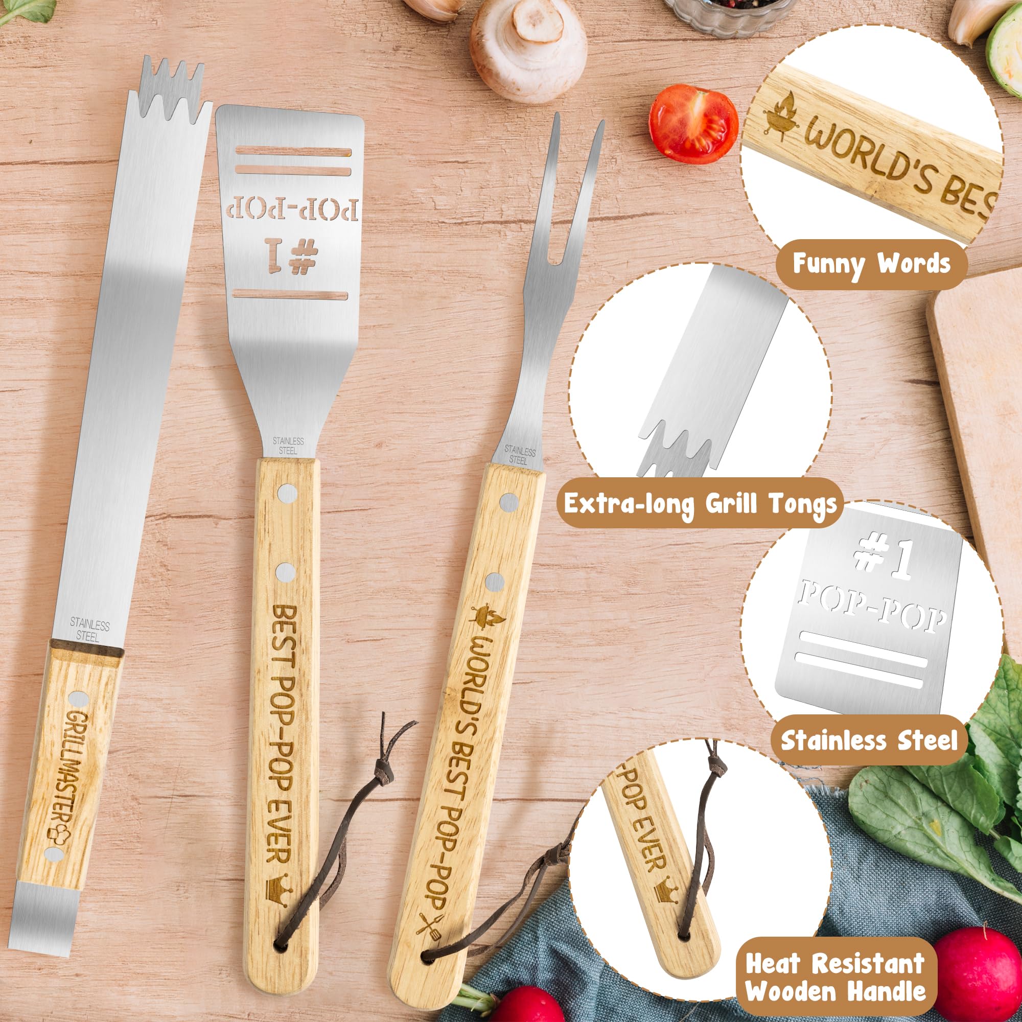 Haooryx Grandpa BBQ Grill Tool Accessory Set - 3Pcs Best Pop-Pop Ever Stainless Steel Grilling Tong Fork Spatula Grillmaster Grandpa Birthday Present Outdoor Housewarming Camping Holiday Party Supply