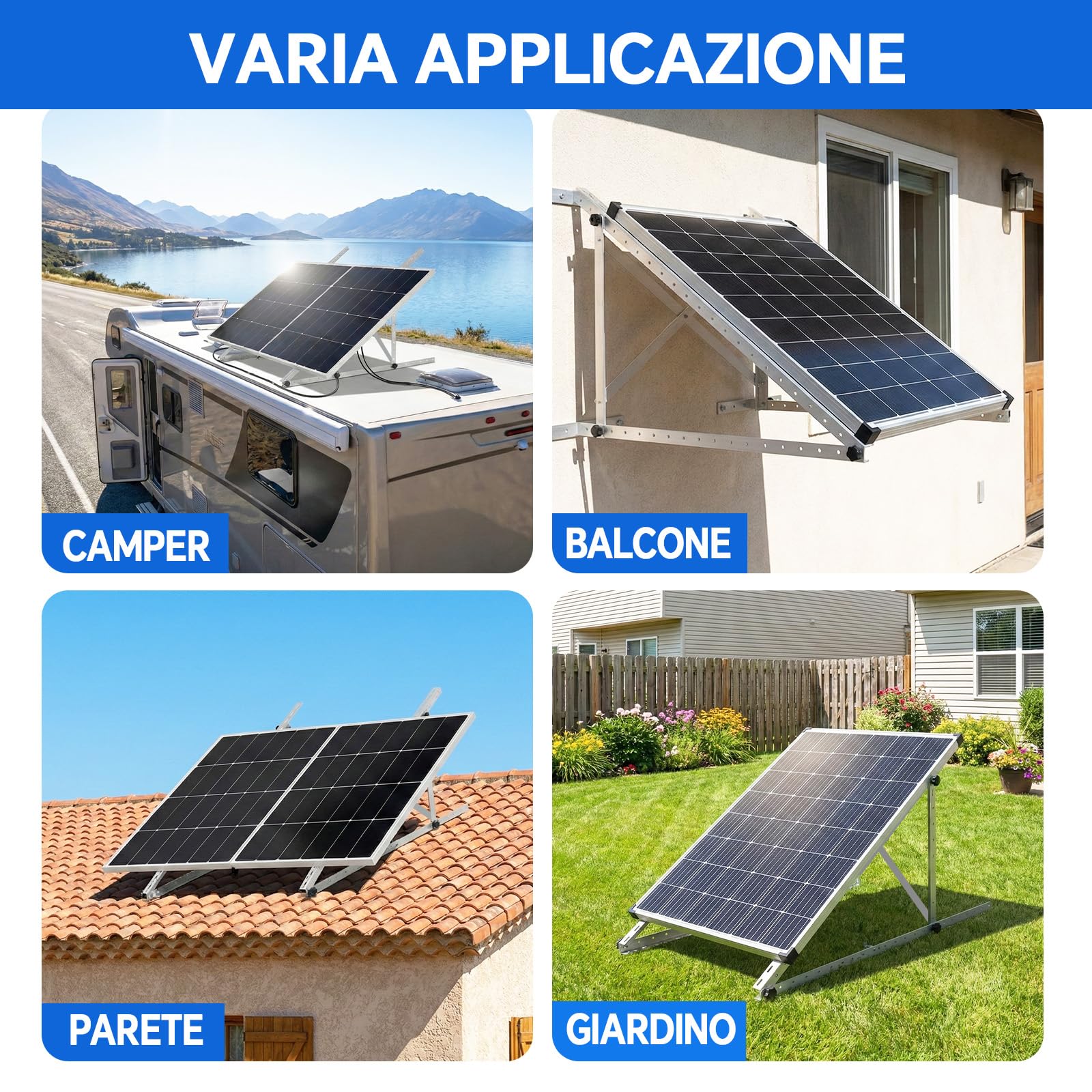 Solarpanel Halterung 45 Zoll, 0–90° verstellbar, bis 118 cm für 100–400W Solarmodule, 2400Pa windfest, Solarhalterung für Balkon, Dach, Wohnmobil, Caravan, Boot, Gartenhaus（2sets UP）