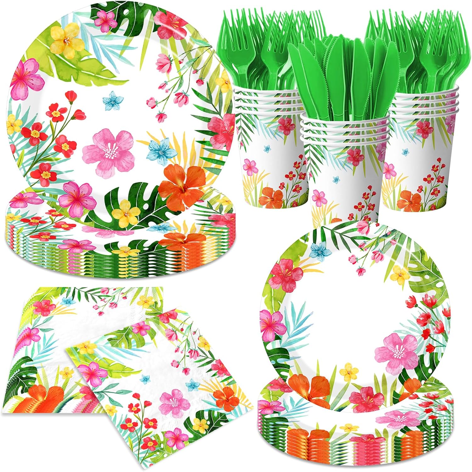 Luau Party Supplies, 144pcs Tropical Party Decorations includes Tropical Plates and Hawaiian Napkins, Hawaiian Plates and Napkins for Hawaiian Summer Luau Party Serviced 24 Guests