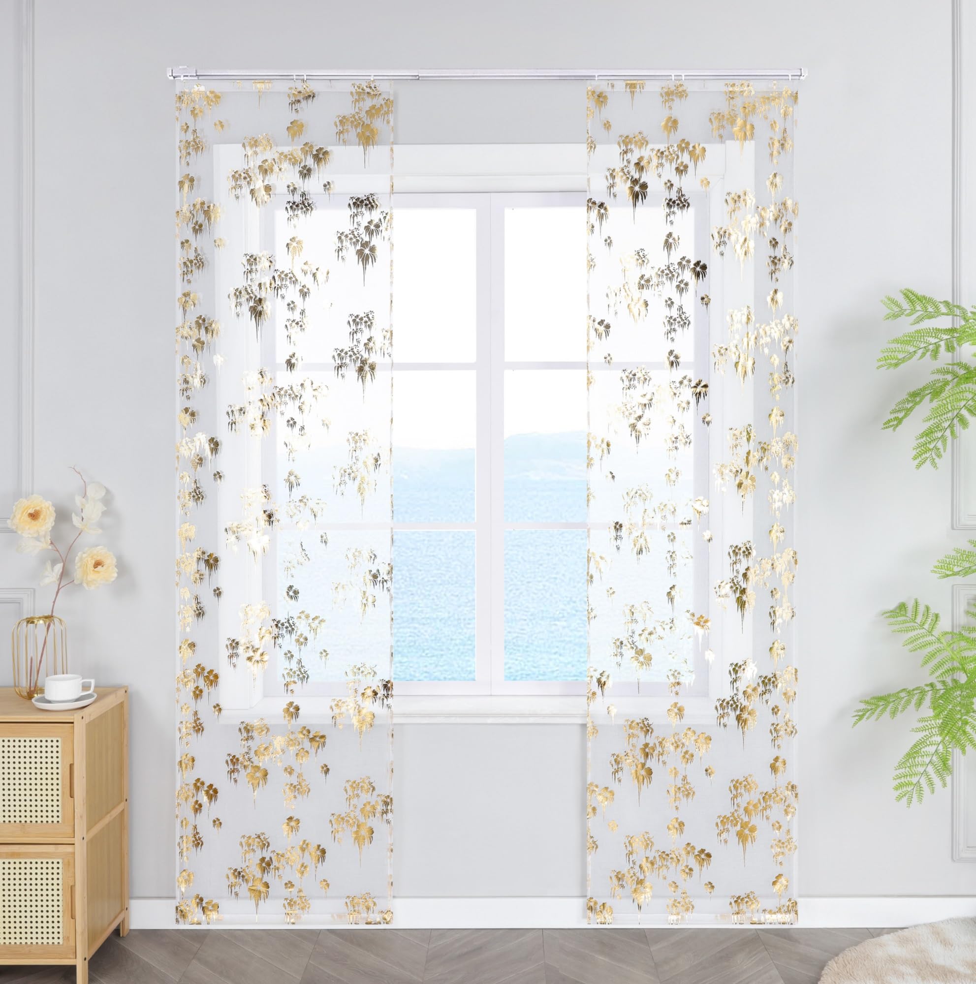 ESLIR Schiebevorhänge Set 2er Flächenvorhänge mit Klettband Schiebegardinen Transparent Gardinenschals Transparent Vorhang mit geprägtem Blumenmuster Gold BxH 57x145 cm 2 Stück