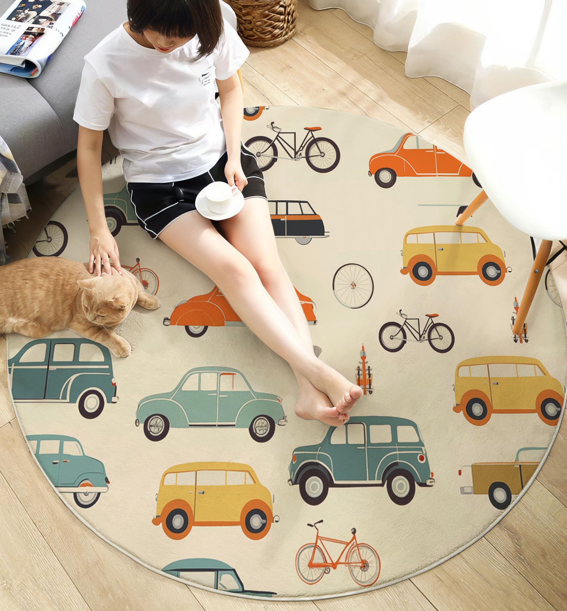 Teppich Rund Ø 120cm, Weich Flauschiger rutschfest Senfgelb Teppich, Waschbar Autos Fahrräder Bedruckter Retro Kindlicher Stil Runder Teppiche, für Wohnzimmer Schlafzimmer Kinderzimmer