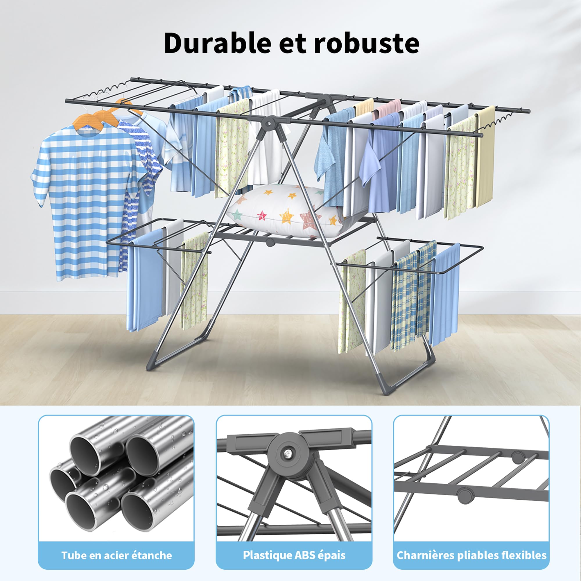Innotic Étendoir Linge Intérieur Extérieur, Séchoir à Linge Pliable à 2 Niveaux, 4 Ailes Réglables en Hauteur, Tancarville Linge XXL, 33 Barres, Gris