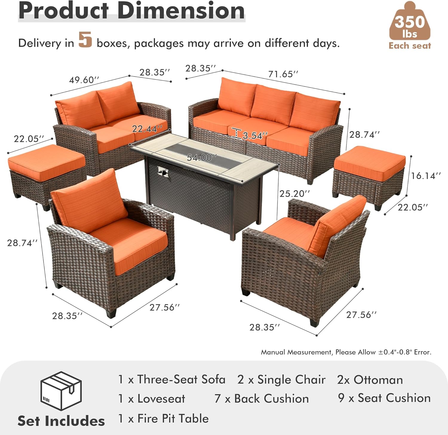 ovios 7 Pieces Patio Furniture Set, Outdoor Wicker Sofa Couch with 54" Fire Pit Table Comfy Cushions, All Weather Brown Rattan Conversation Set for Backyard Deck, Orange Red