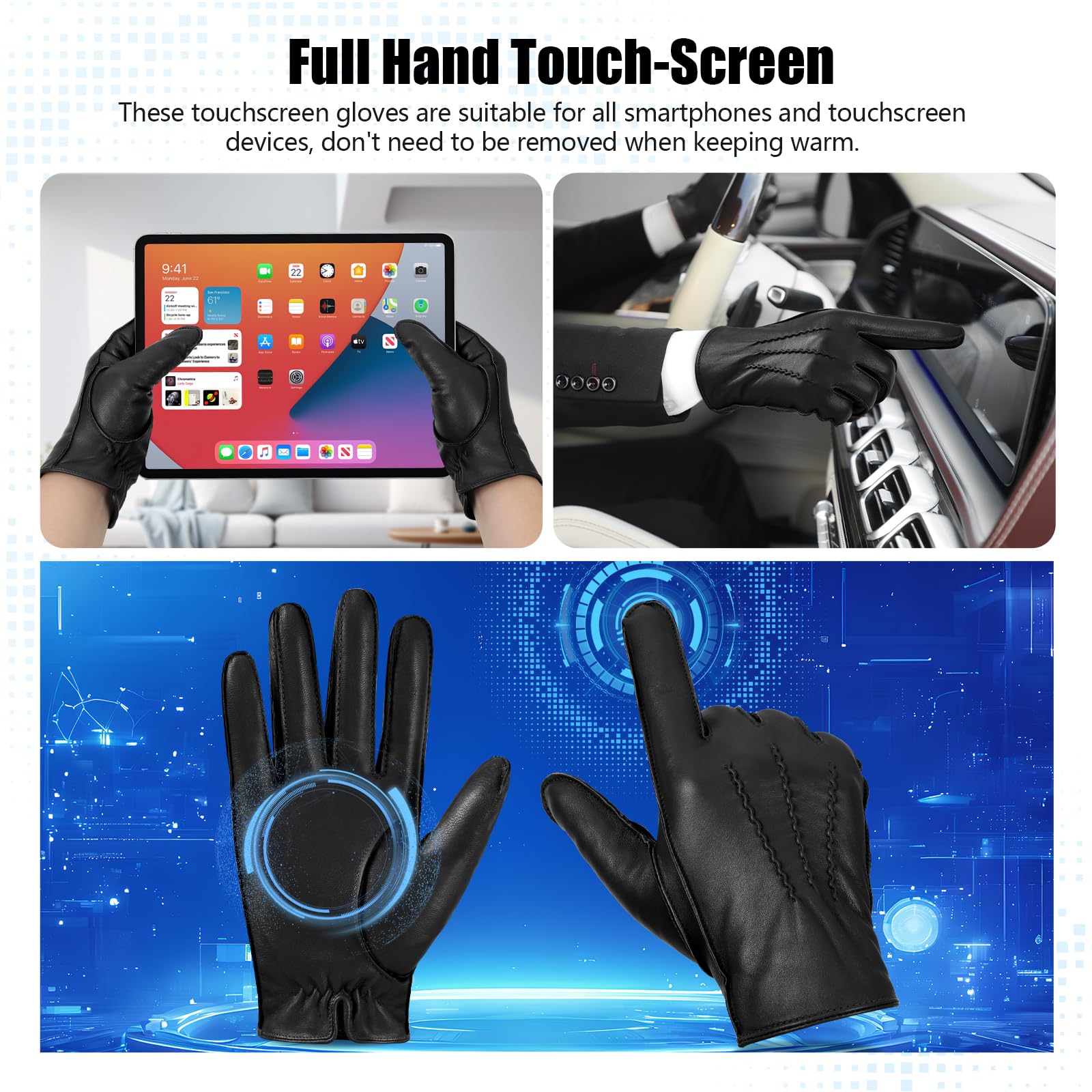 GSG SINCE 1998 Guantes Piel Hombre de Cuero Negro S | Piel de Oveja Sin Cromo, Compatibles con Pantalla Táctil, Forro lana de cordero, Guantes de Invierno para Conducir