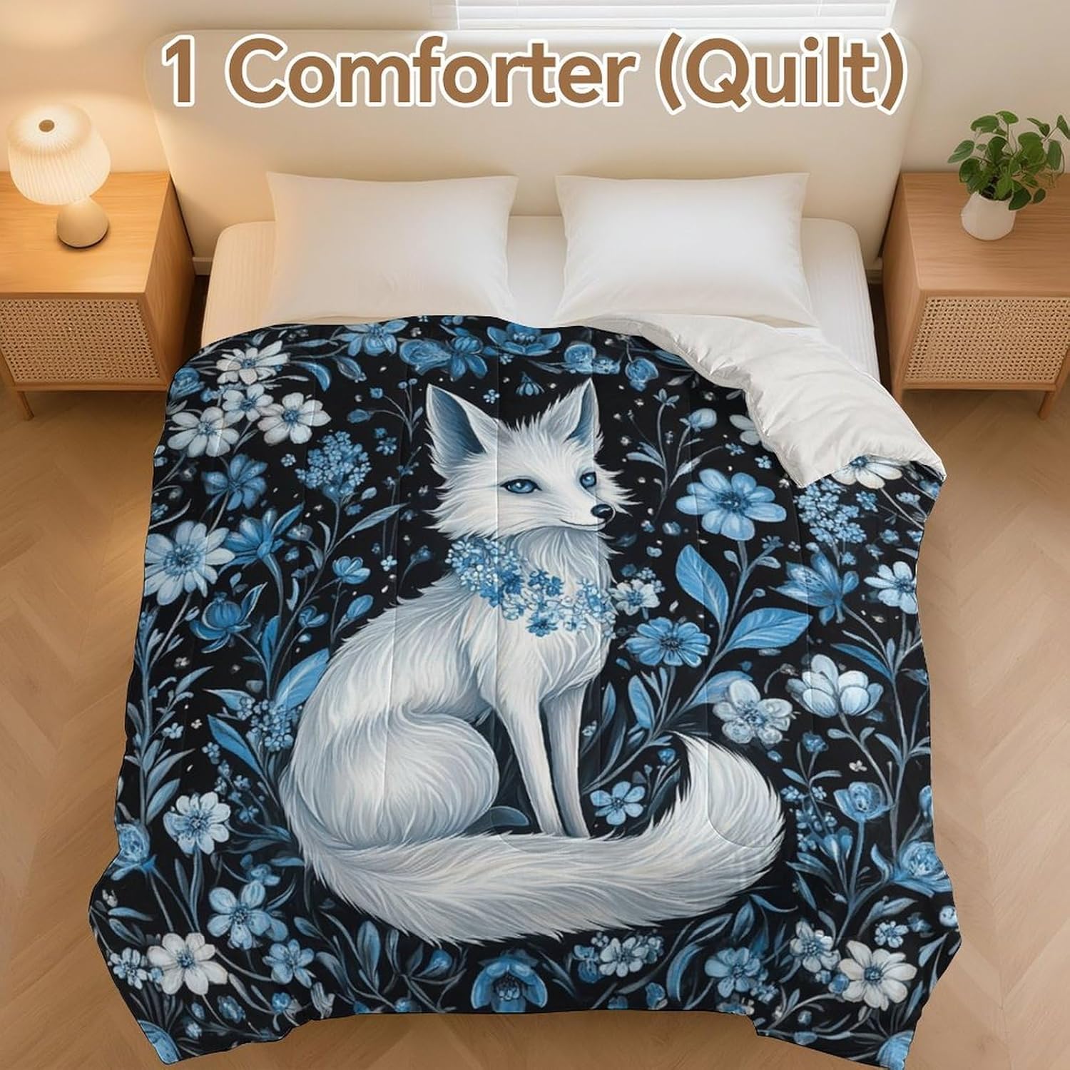 White Fox in Flowers Comforter Bedding Heavy Bed Blanket Soft Warm Fluffy All Seasons Only Quilt 229x229cm