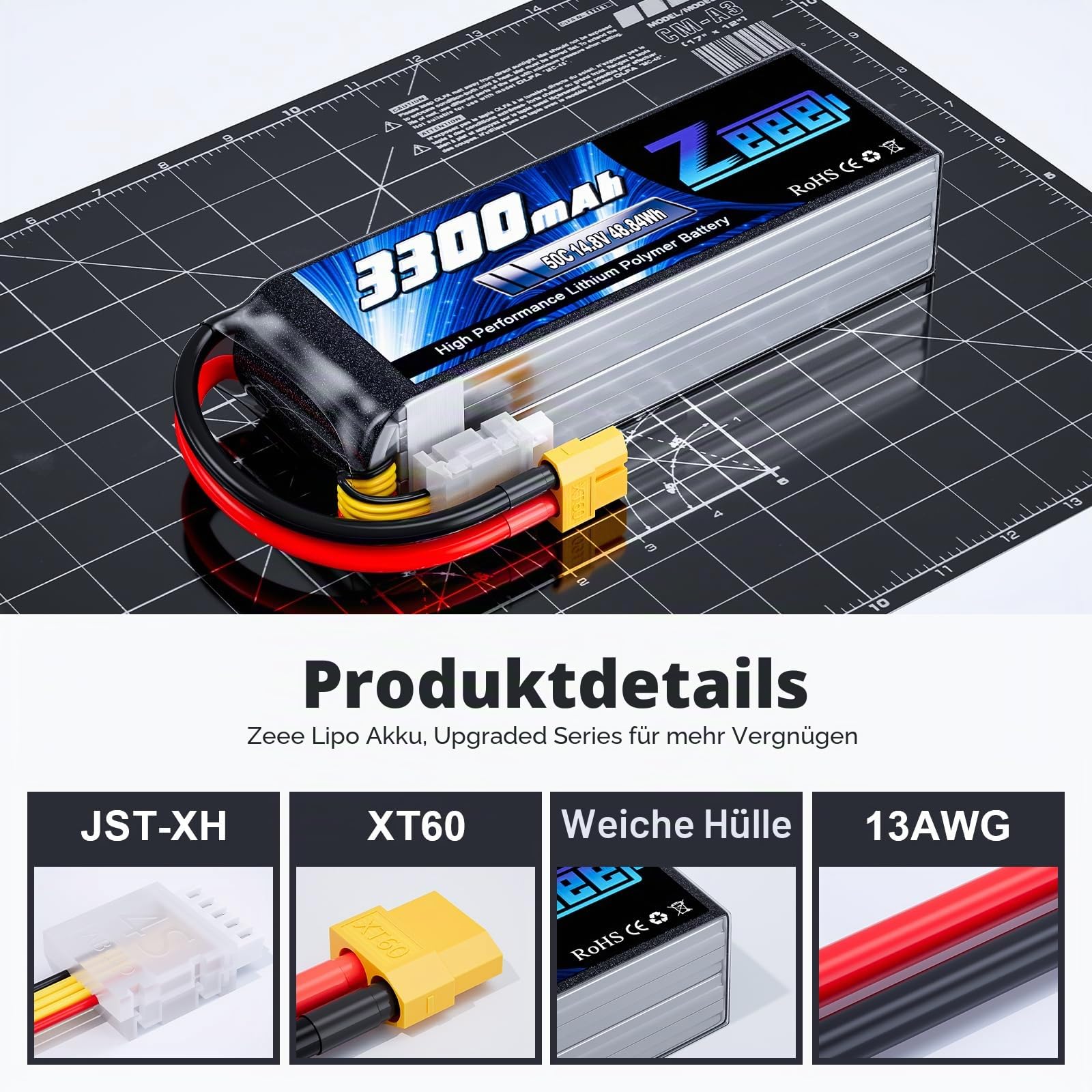 Zeee 4S Lipo Akku 14,8V 50C 3300mAh RC Batterie mit XT60 Stecker(2 STK) | RC Batterie für RC Auto Truck Flugzeug Heilikopter Boot RC Hobby