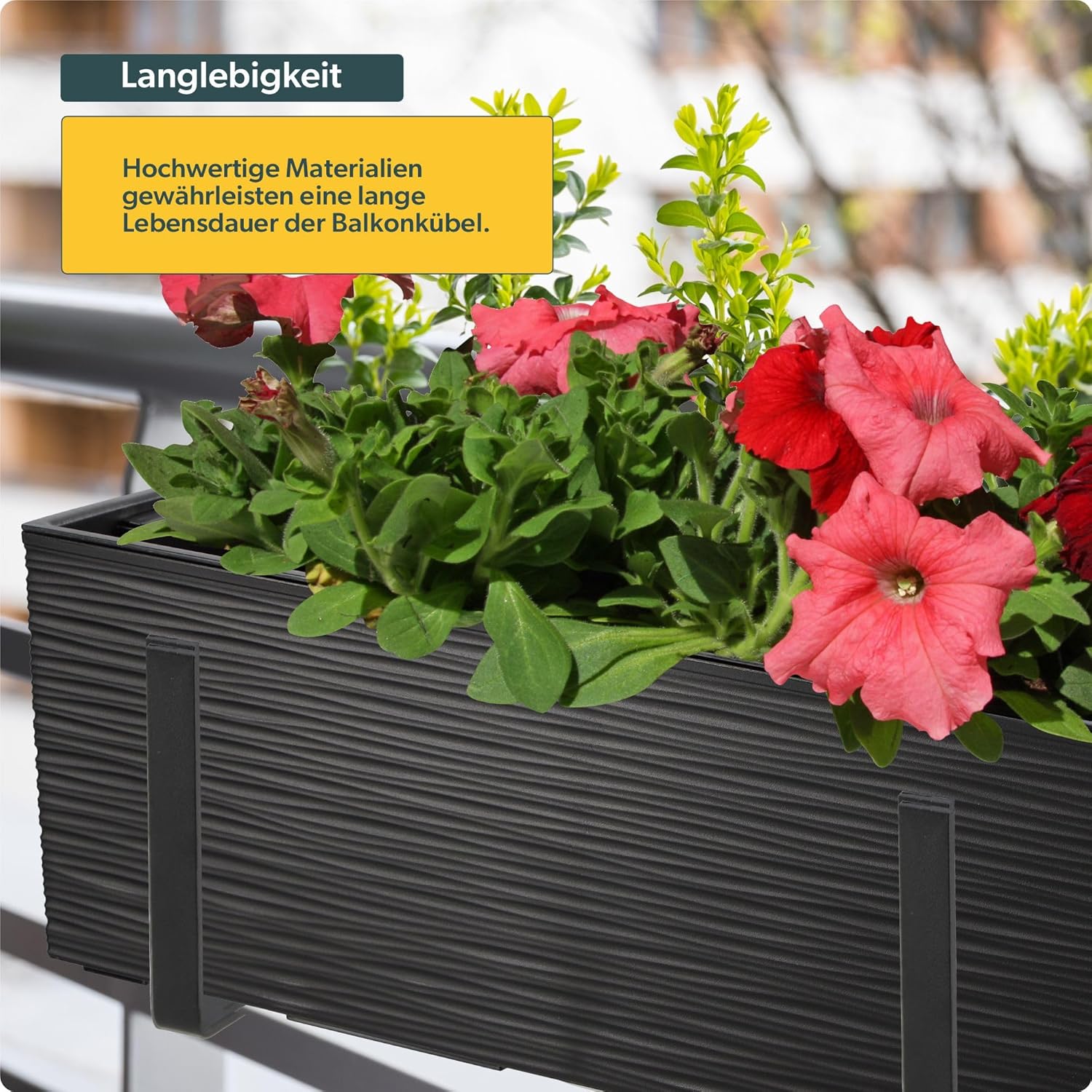 KADAX planter with petunias on a balcony railing, demonstrating durability.